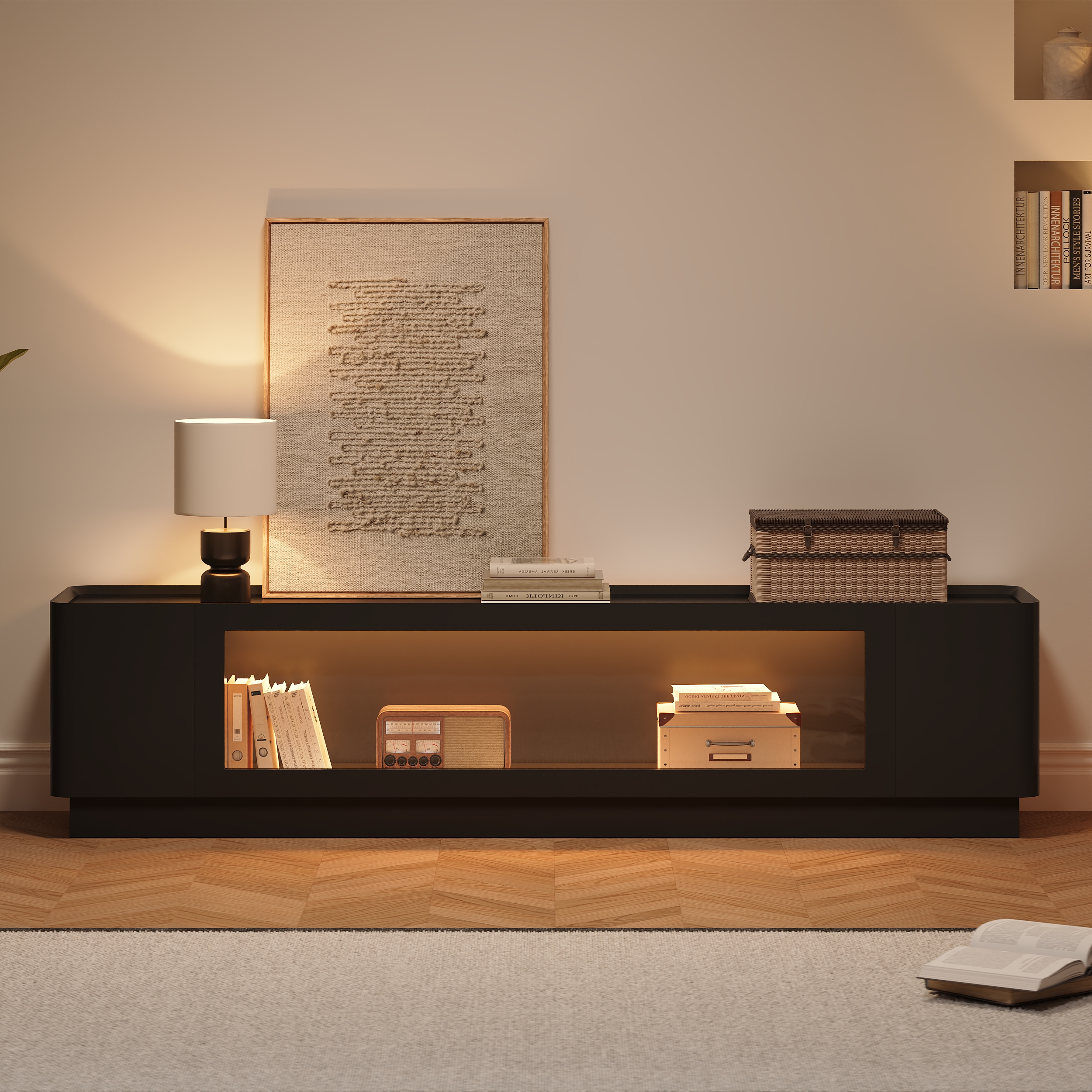 79'' Glass Door TV Stand Mid Century Modern Wood Media Console with Storage & LED in Black
