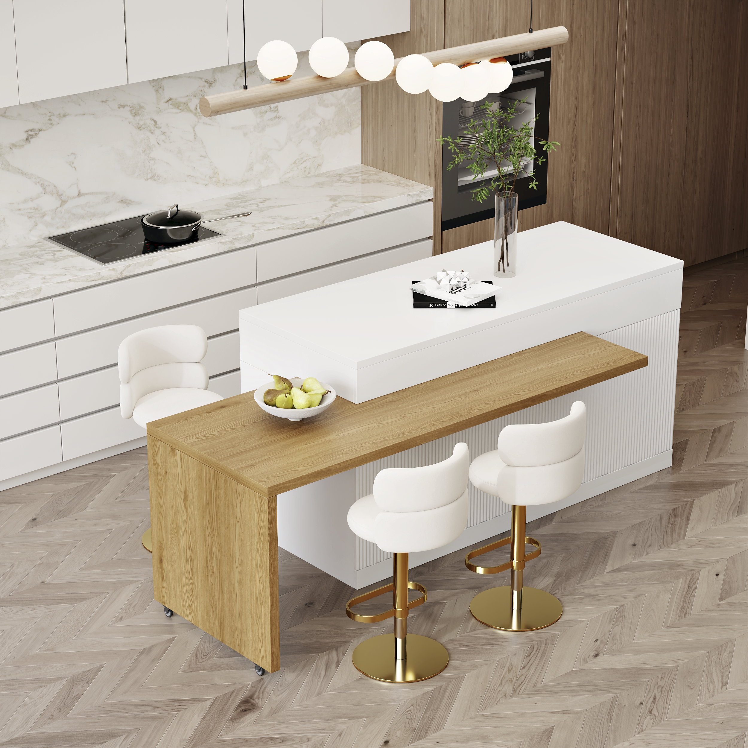 81''-106" Extendable Kitchen lsland Marble Pattern Top with Doors & Drawers Natural & White