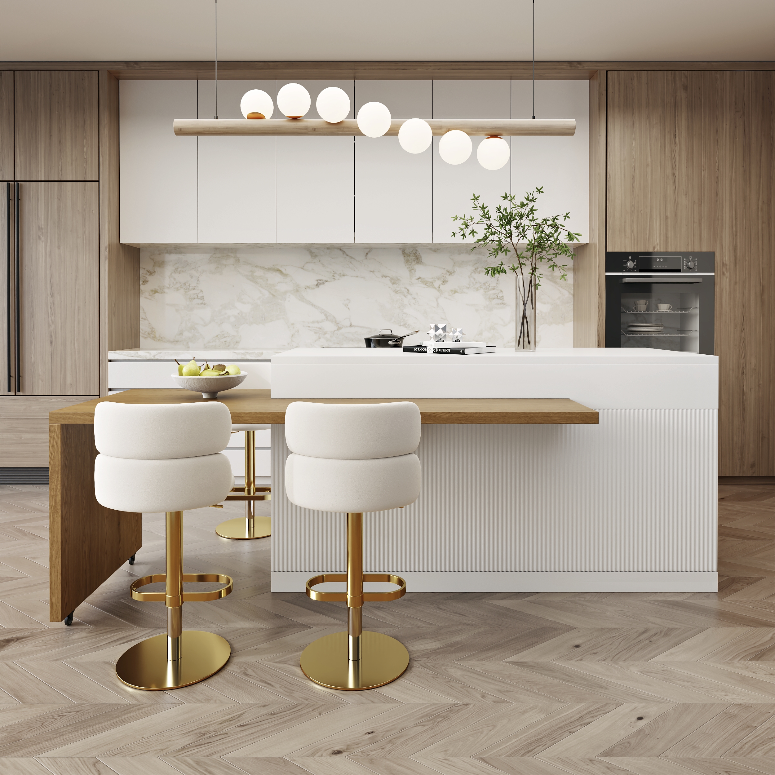 81''-106" Extendable Kitchen lsland Marble Pattern Top with Doors & Drawers Natural & White