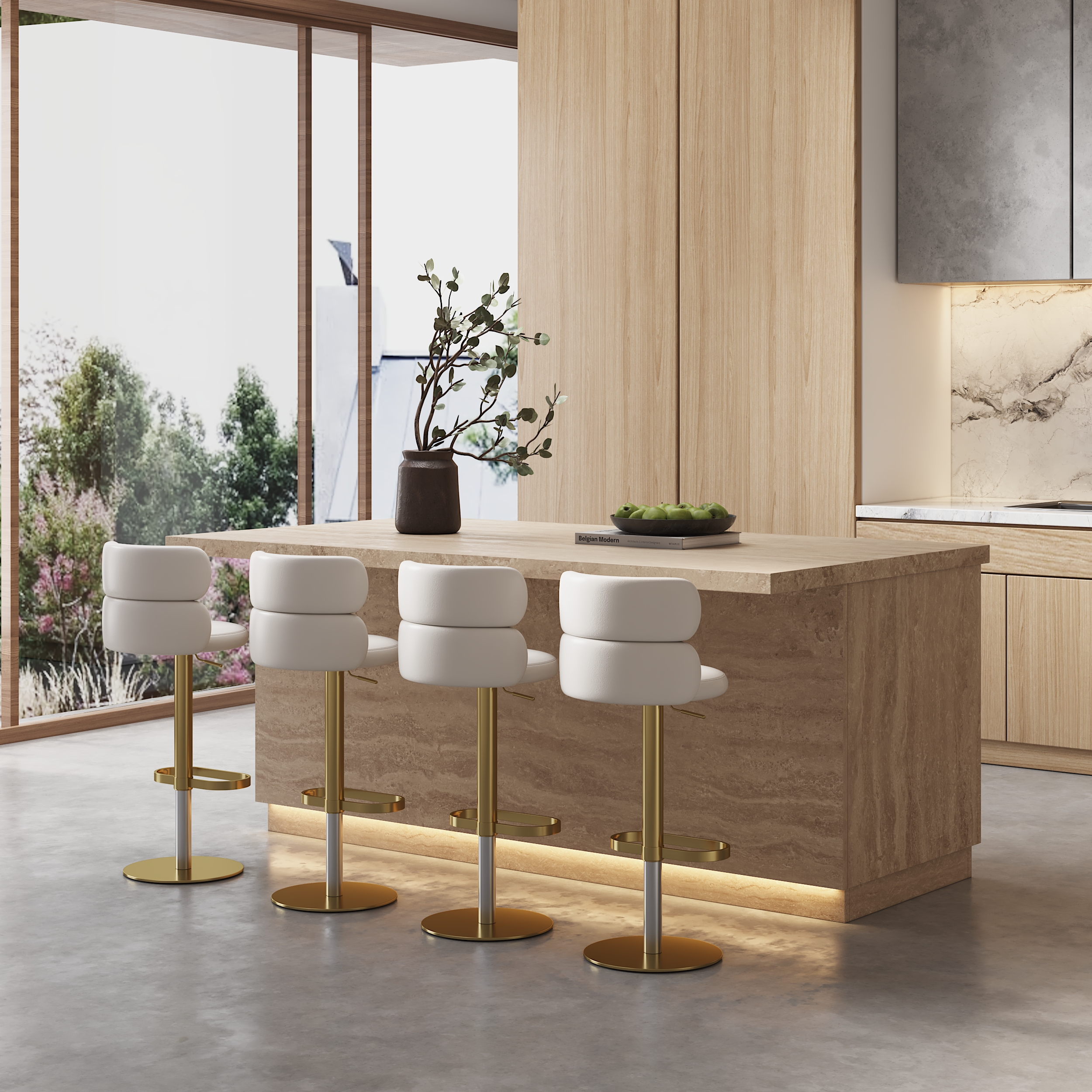 72" Kitchen lsland Wood with Storage & LED Light Matte Travertine Japandi Style Kitchen