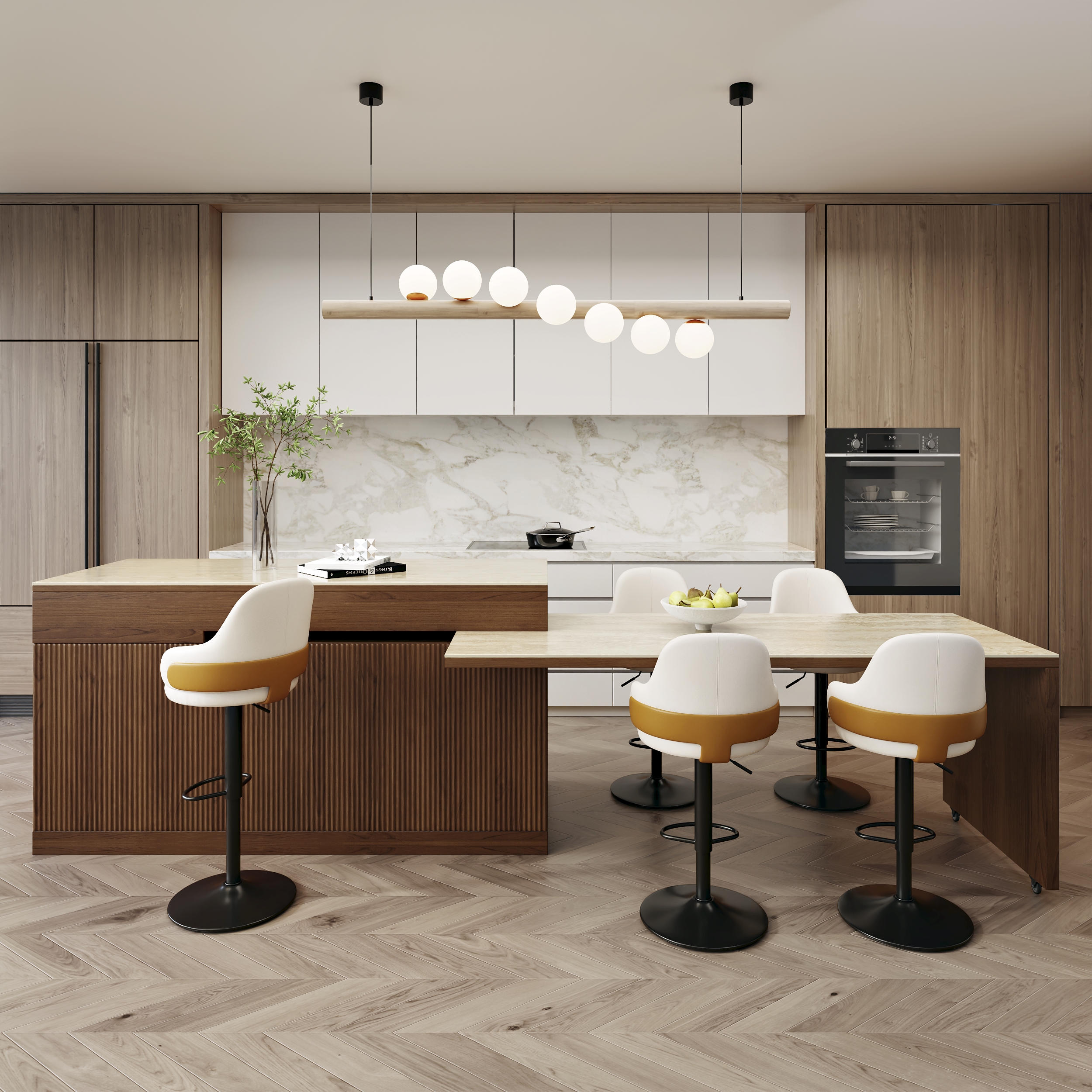 81''-106" Extendable Kitchen lsland Faux Marble Top with Doors & Drawers Walnut Modern