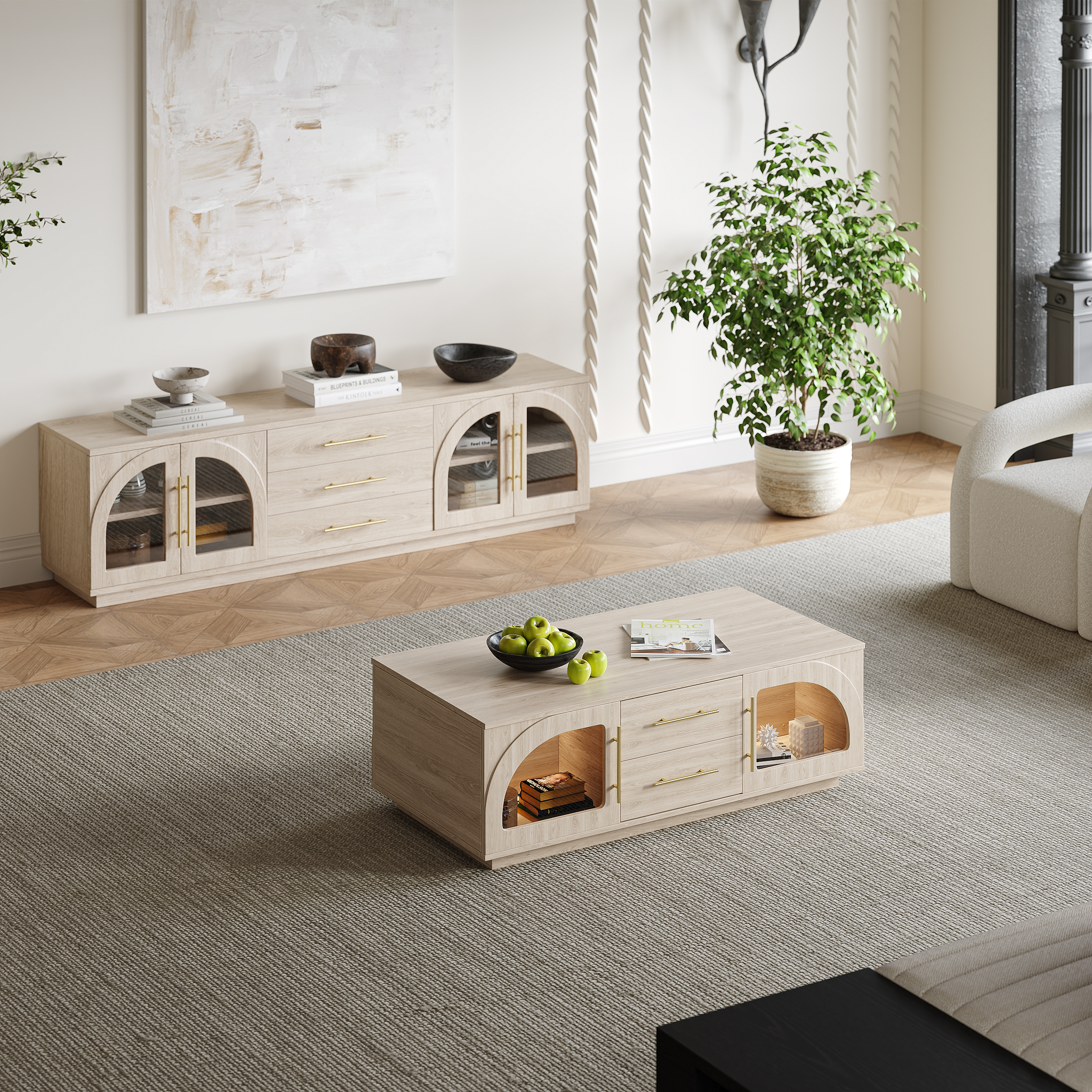 Arune 72" Japandi Whitewash TV Stand Coffee Table Set with LED Lights and Arched Glass Cabinet