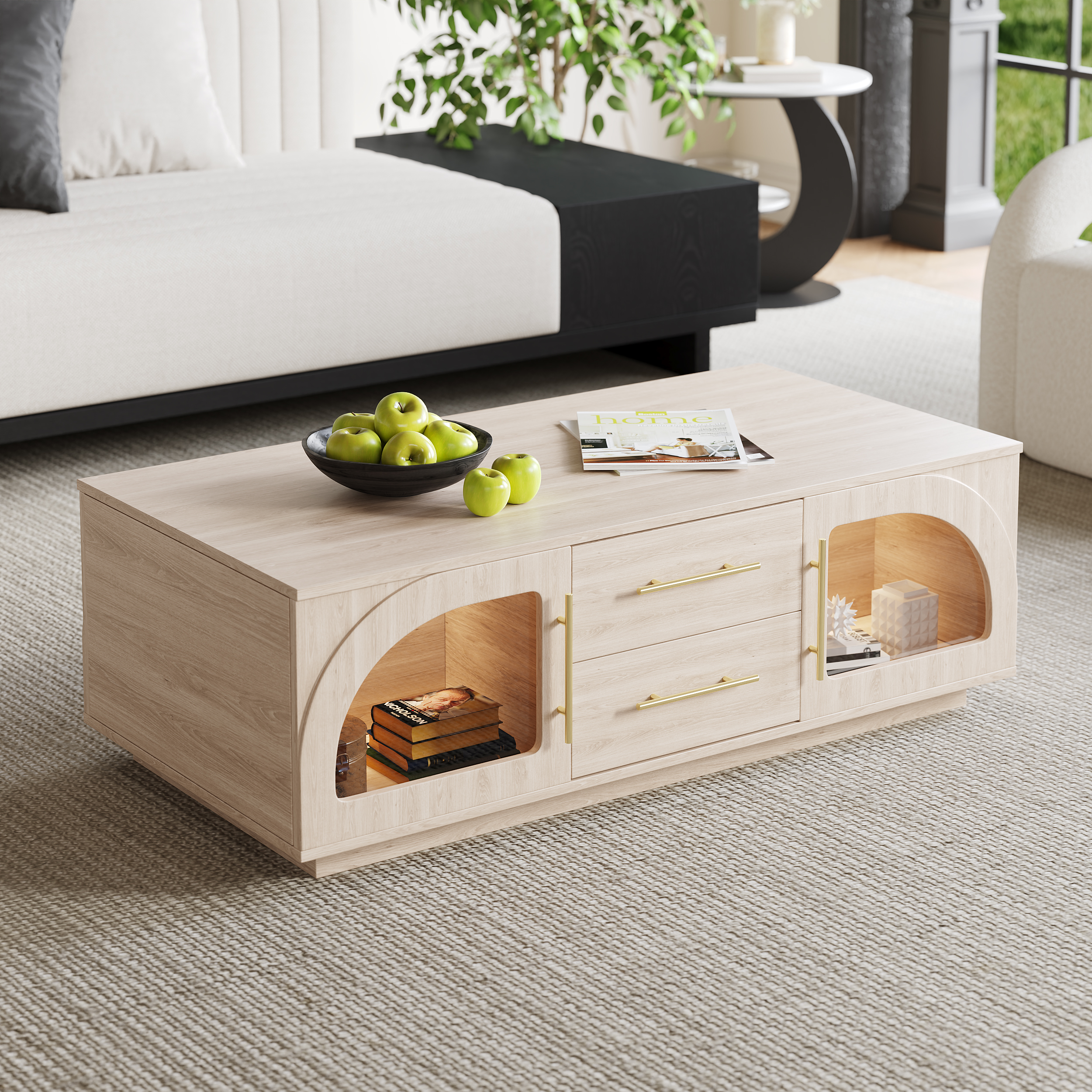 Arune Arched Glass Coffee Table Modern Whitewash Living Room Furniture with Storage and LED