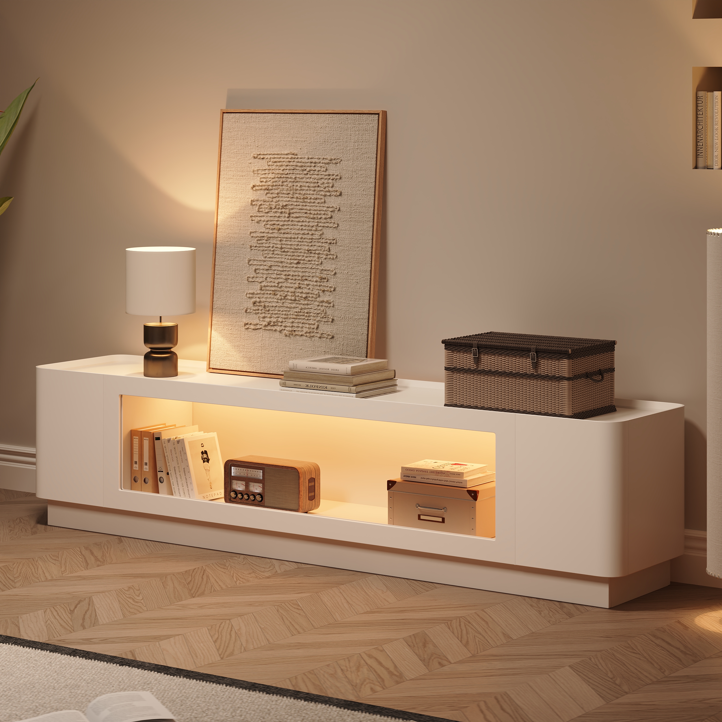 Soporte de TV con puerta de vidrio de 2000 mm, consola multimedia de madera moderna de mediados de siglo con almacenamiento y LED en blanco