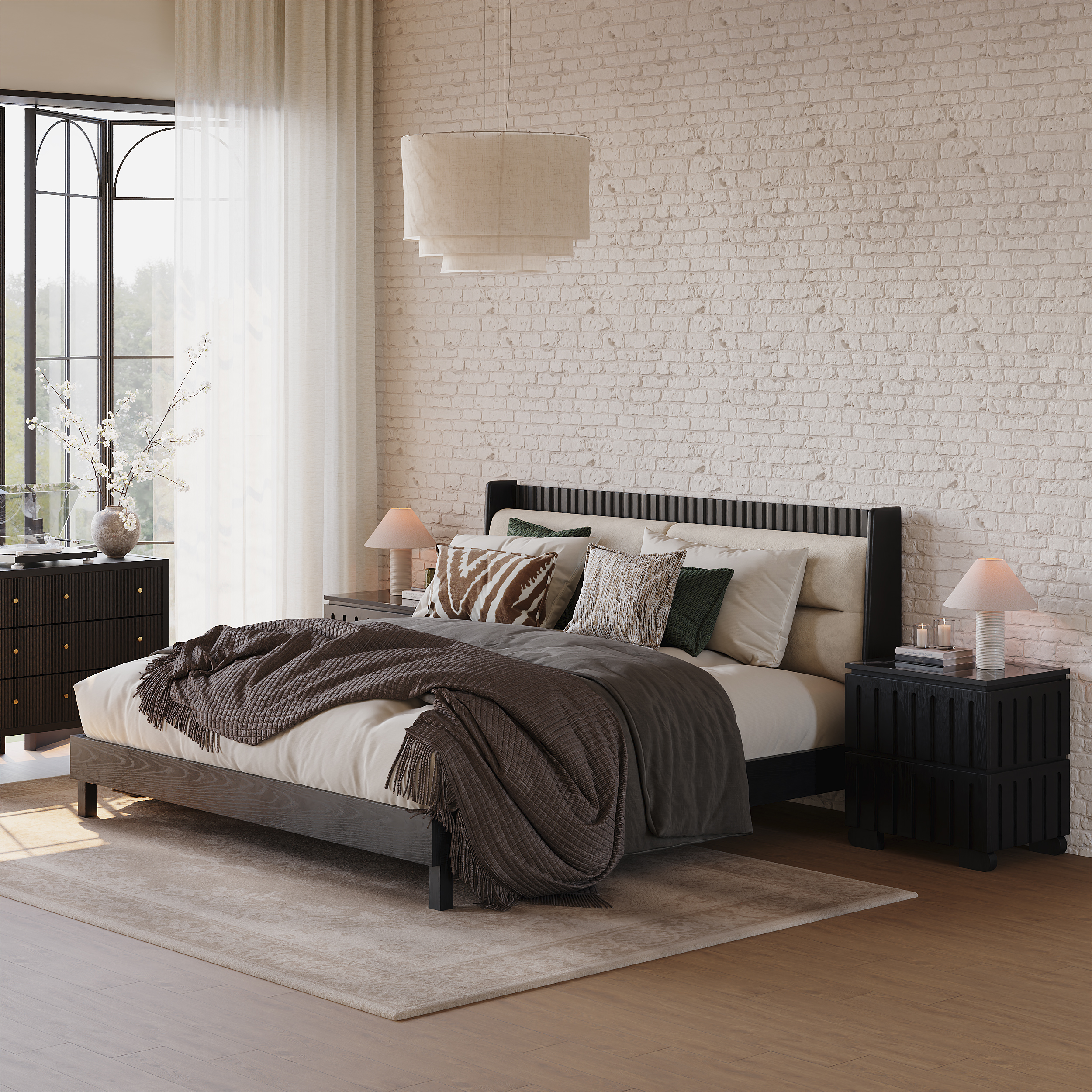 Modern Black Queen Size Solid Wood Bed with Boucle Headboard Pillows