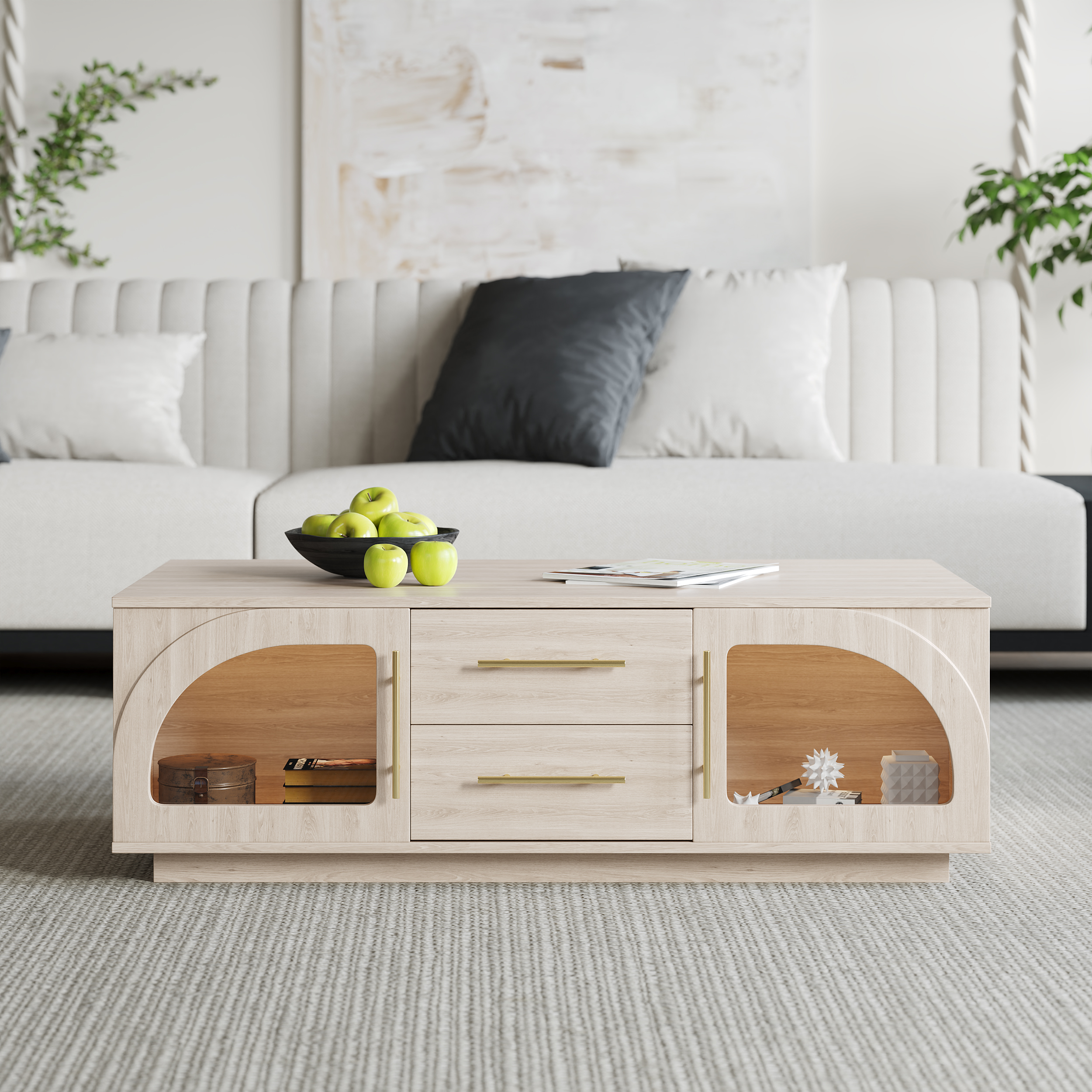 Arune Arched Glass Coffee Table Modern Whitewash Living Room Furniture with Storage and LED