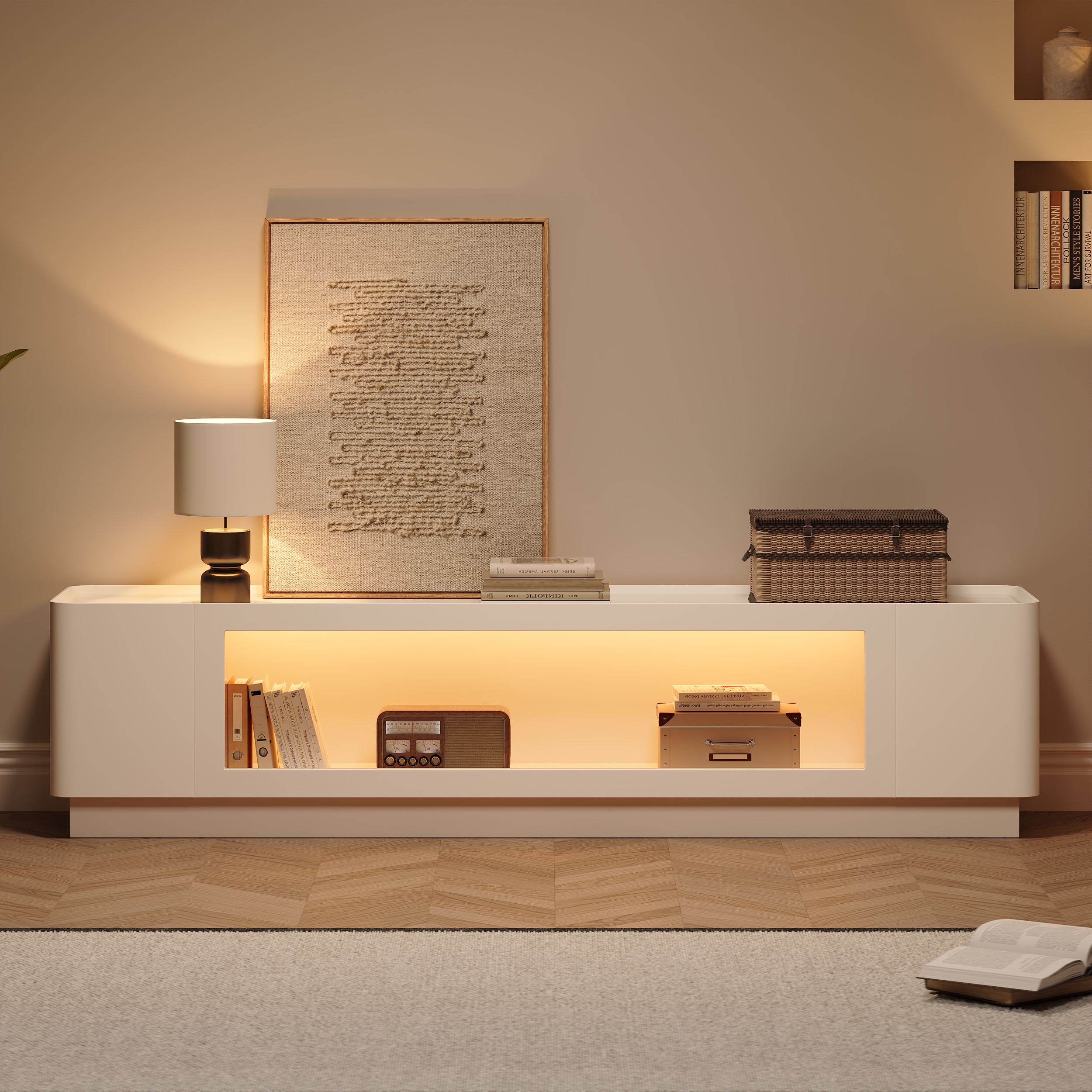 79'' Glass Door TV Stand Mid Century Modern Wood Media Console with Storage & LED in White