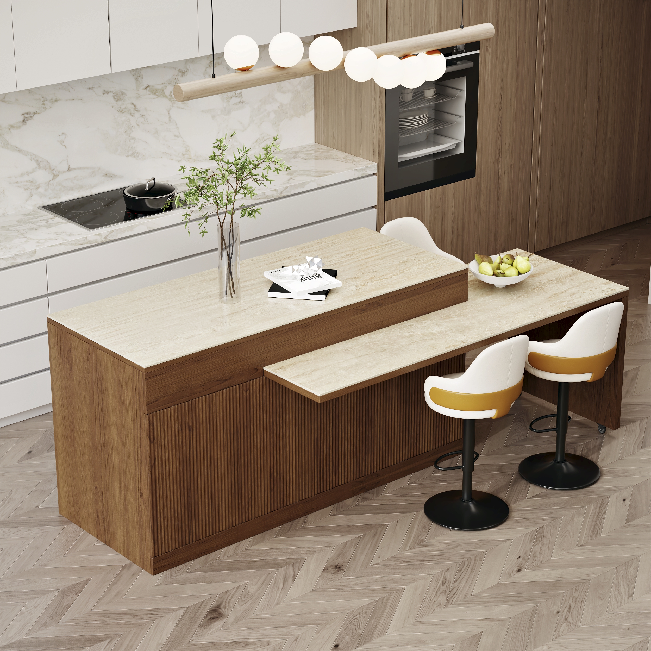 81''-106" Extendable Kitchen lsland Faux Marble Top with Doors & Drawers Walnut Modern