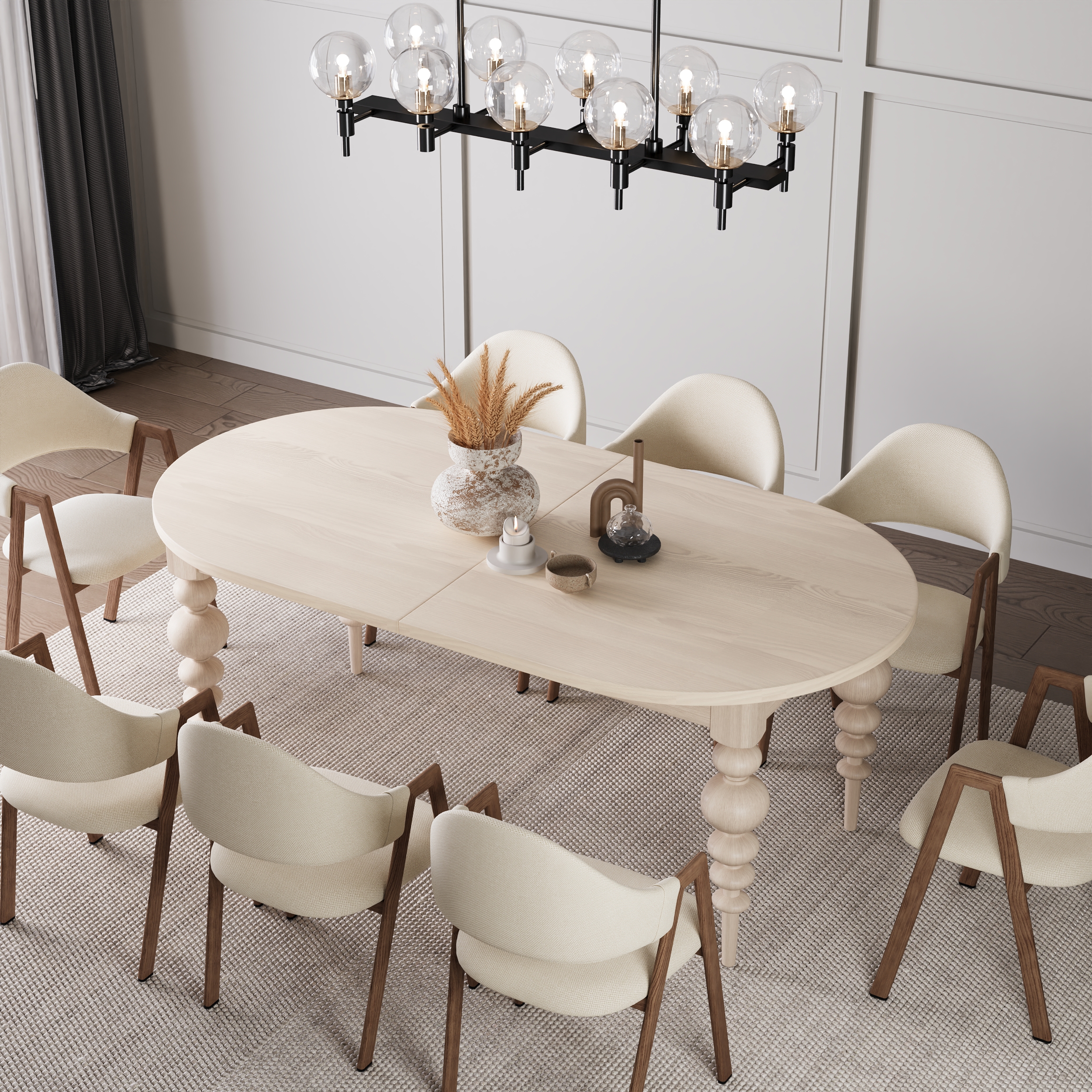 79"-94" Oval Dining Table Extendable for 10 Person with Turned Legs Mid-Century Modern Whitewash