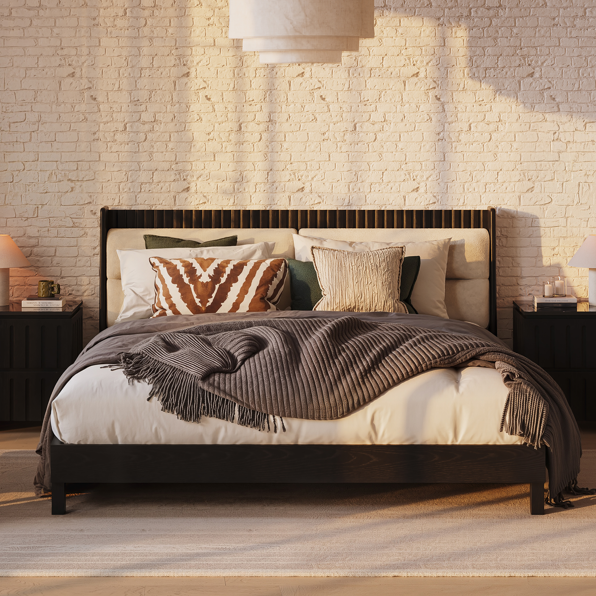 Modern Black Queen Size Solid Wood Bed with Boucle Headboard Pillows