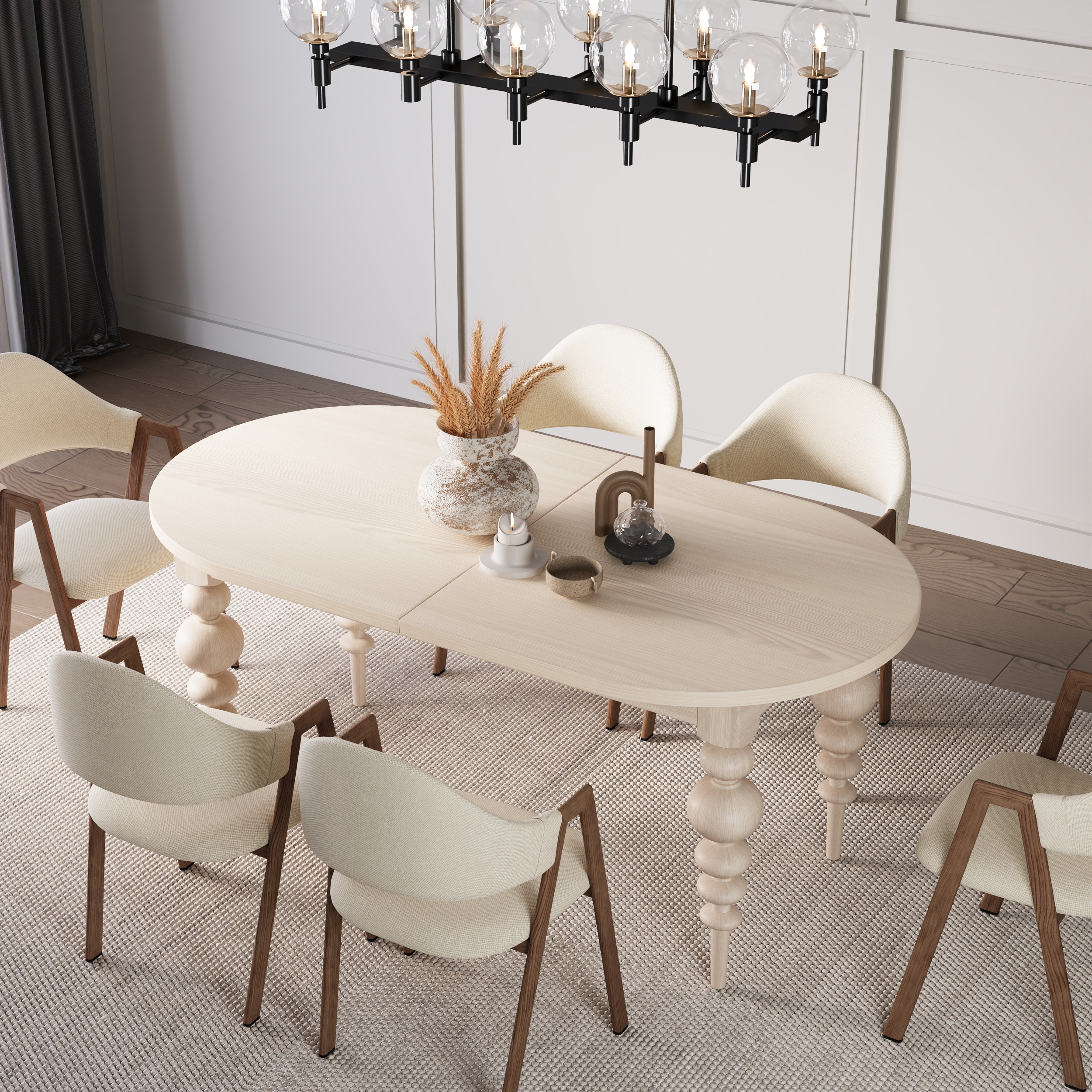 67"-79" Mid-Century Dining Table Oval Extendable Whitewash Table for 4-8 Person with Turned