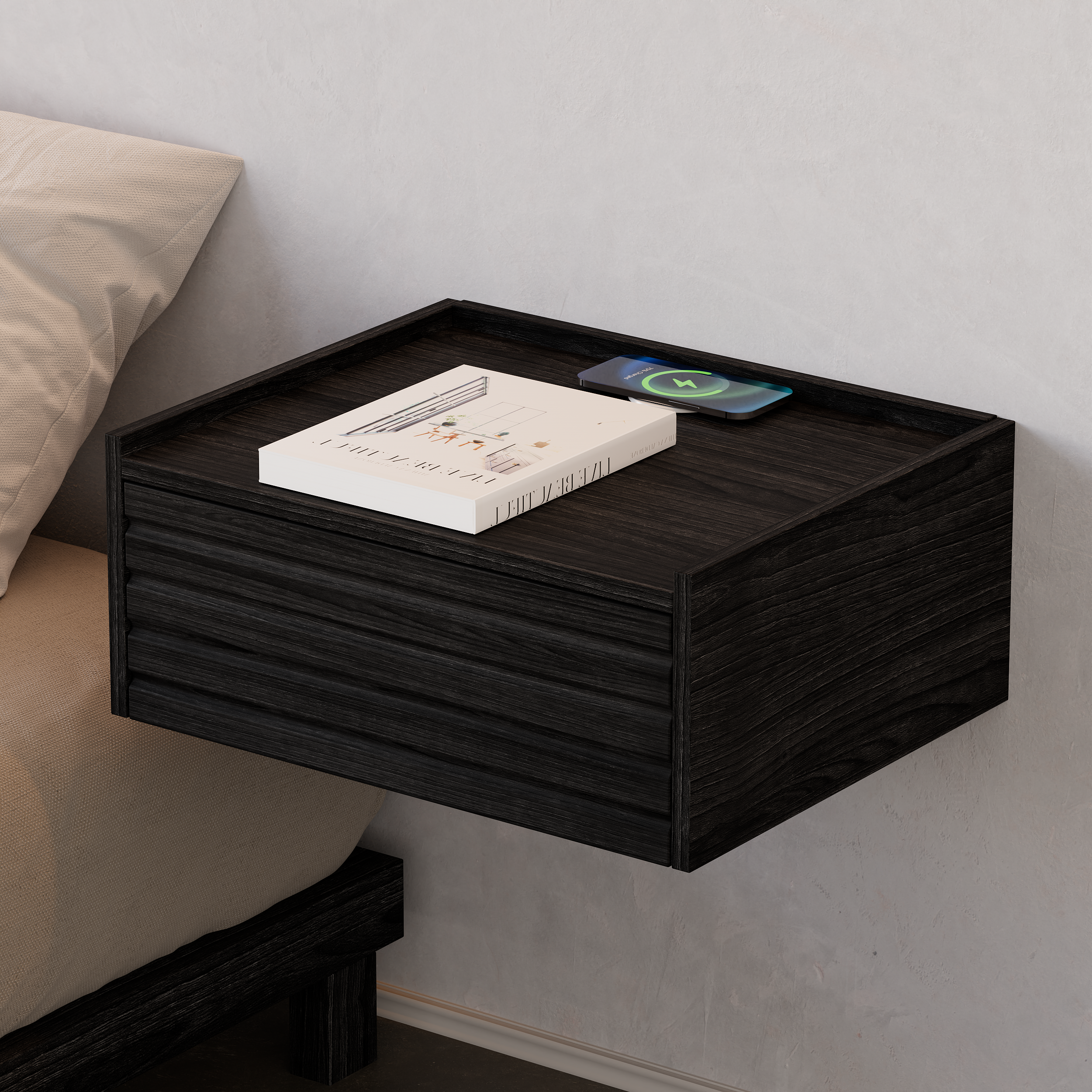 Homary Negro Mesita De Noche Flotante De Madera Moderna Con Estación De Carga