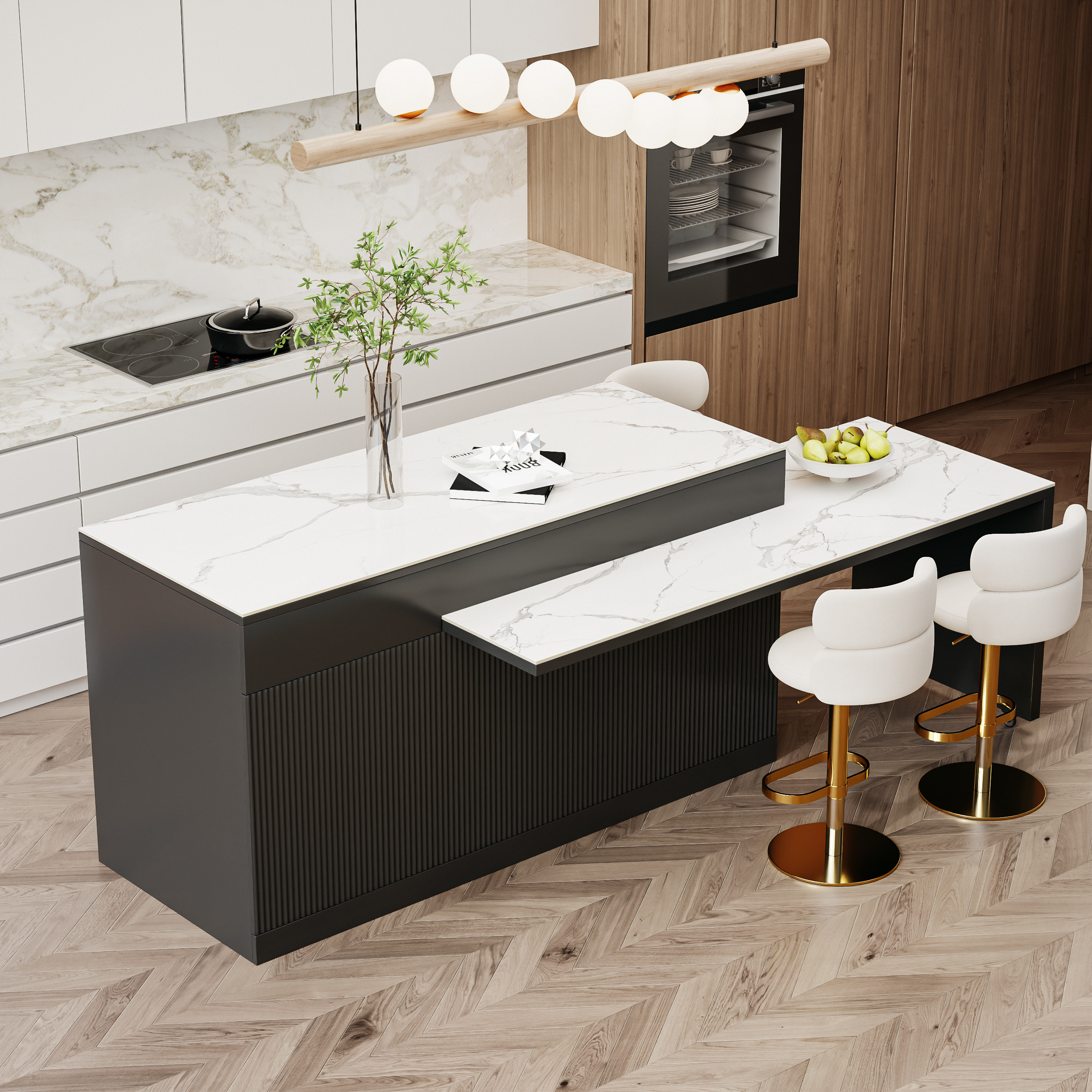 81''-106" Extendable Kitchen lsland Faux Marble Top with Doors & Drawers Black & White