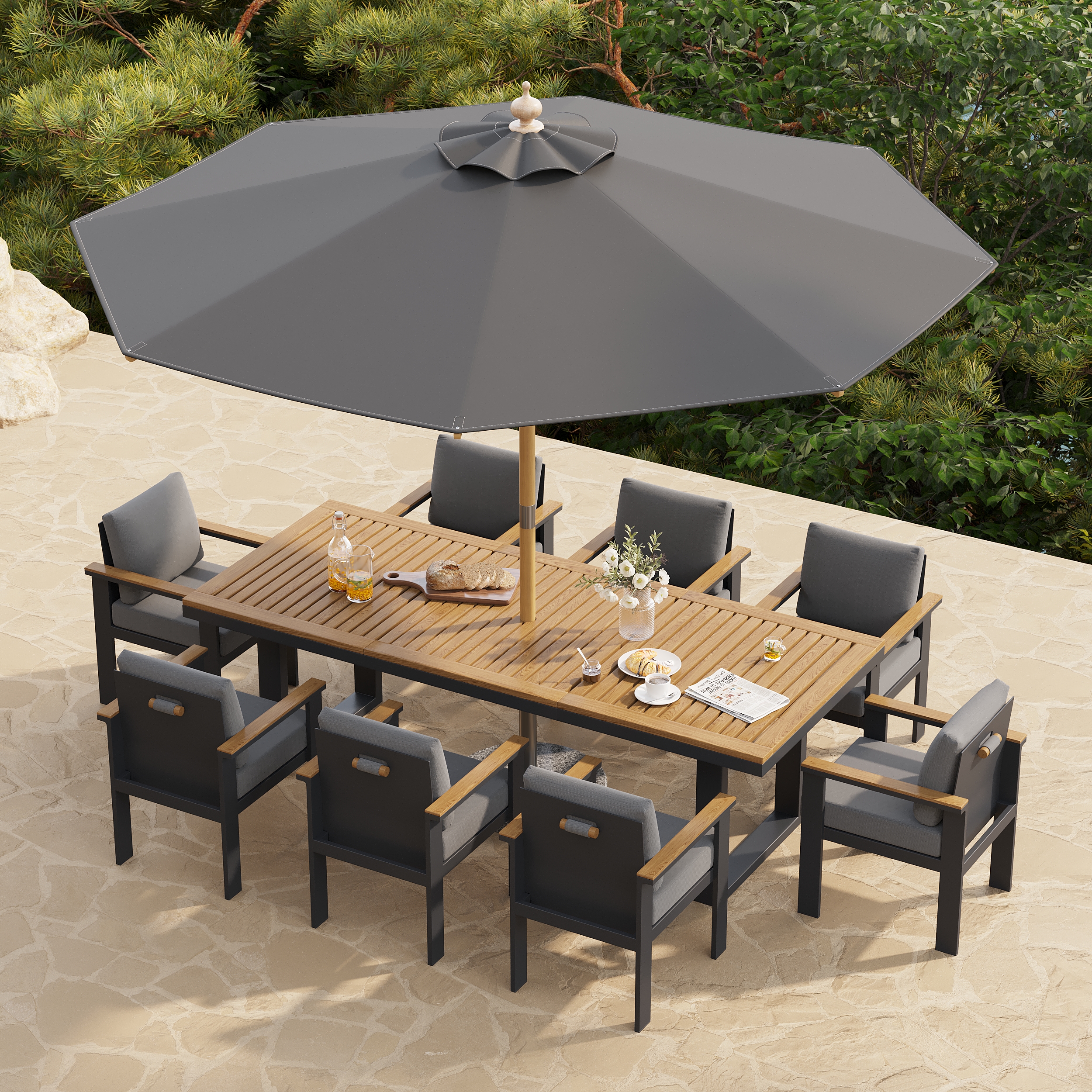 Juego de comedor de patio rectangular de madera y aluminio de 10 piezas con sombrilla de poste central