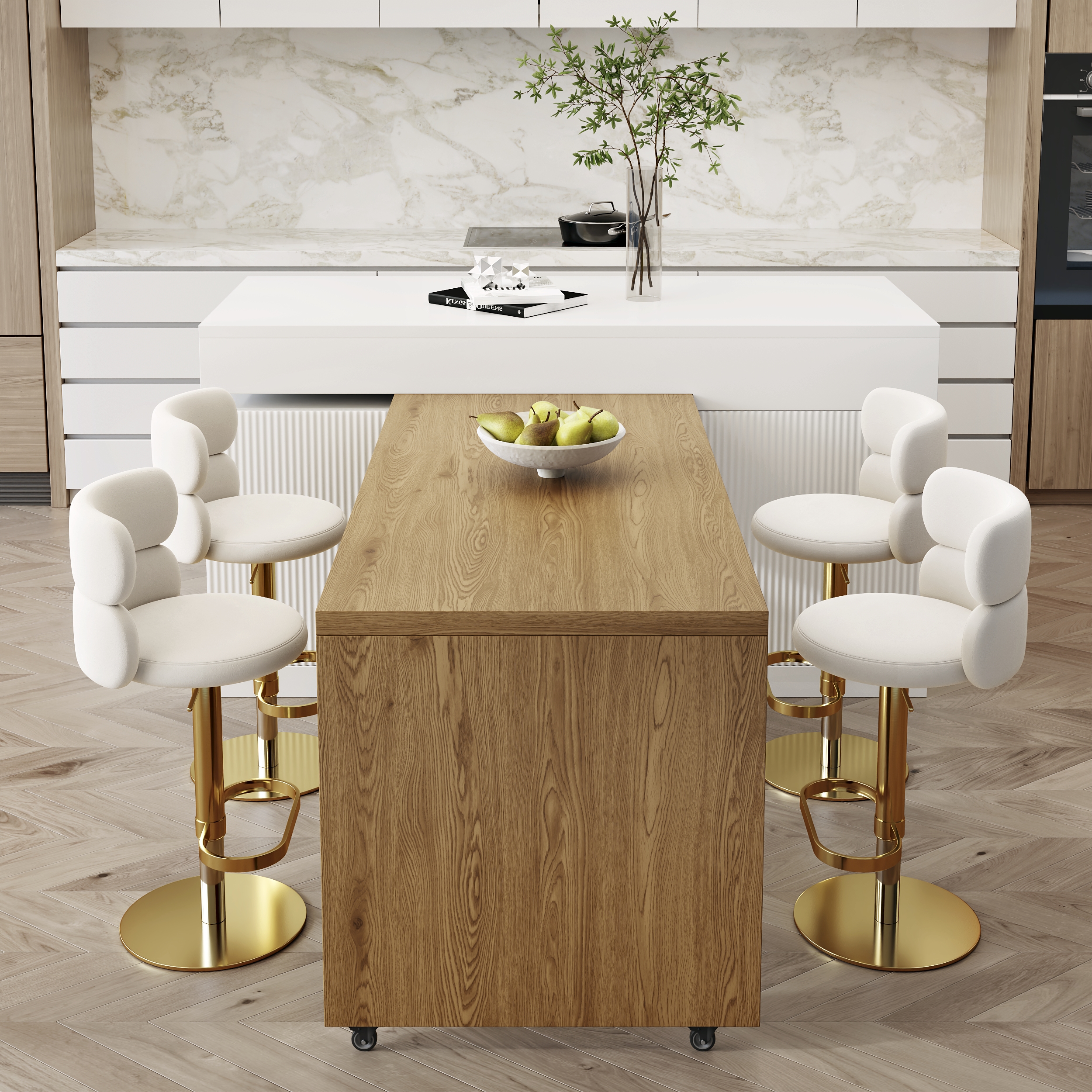 205 - 270 cm Extendable Walnut Kitchen lsland with Doors&Drawers Marble Pattern Top