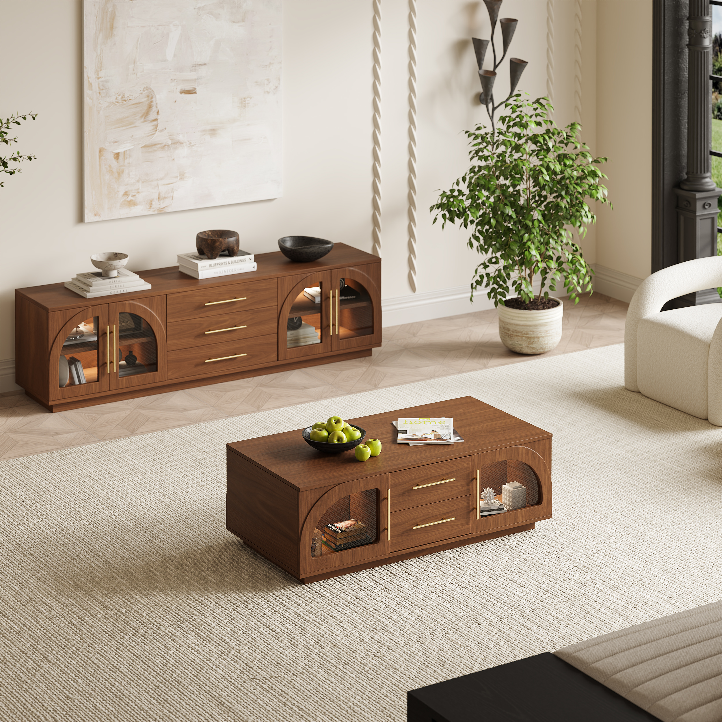 Arune 72" Mid Century Modern Walnut TV Stand Coffee Table Set with LED Lights and Arched Glass
