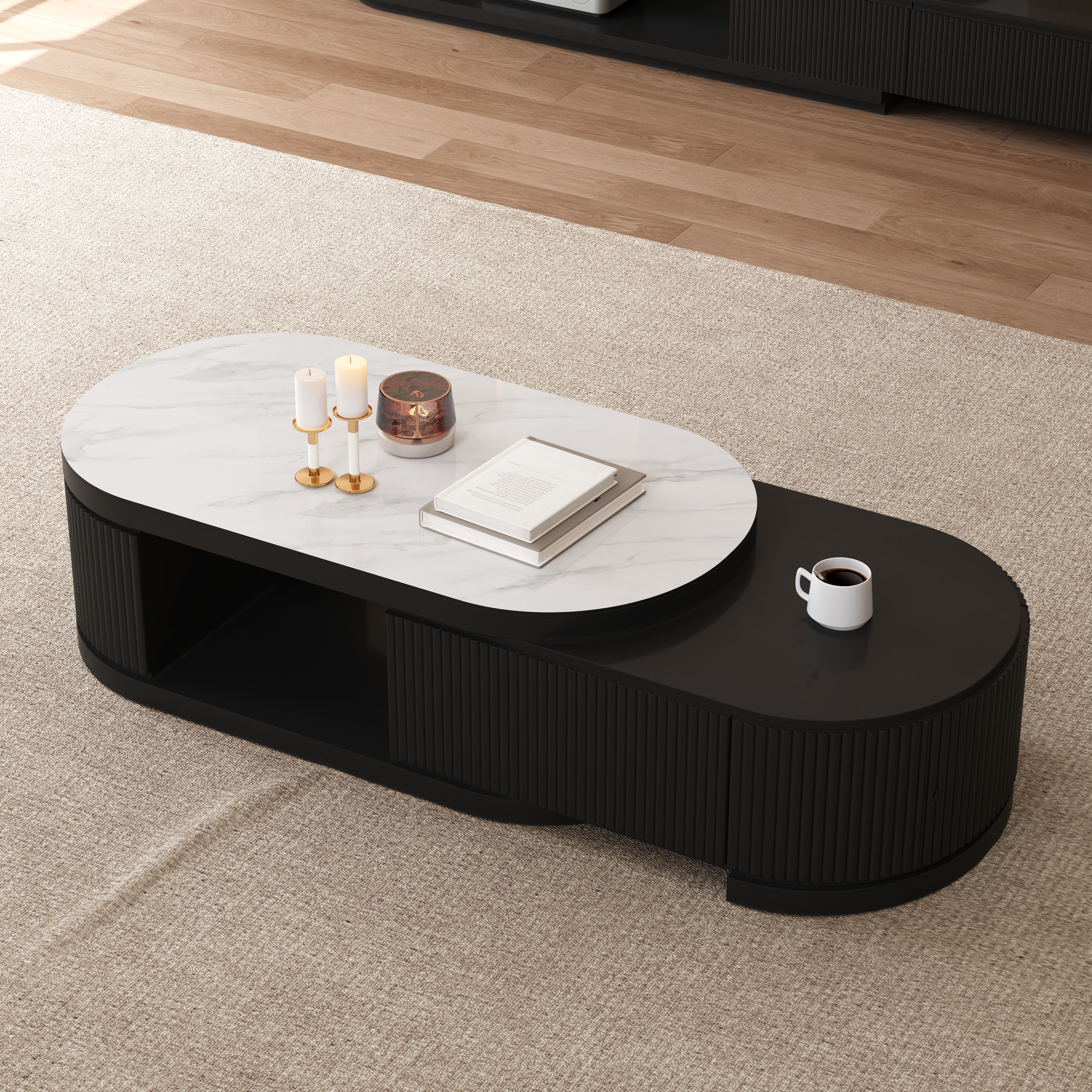 Sintered Stone Round Coffee Table Modern Black Living Room Furniture with Storage