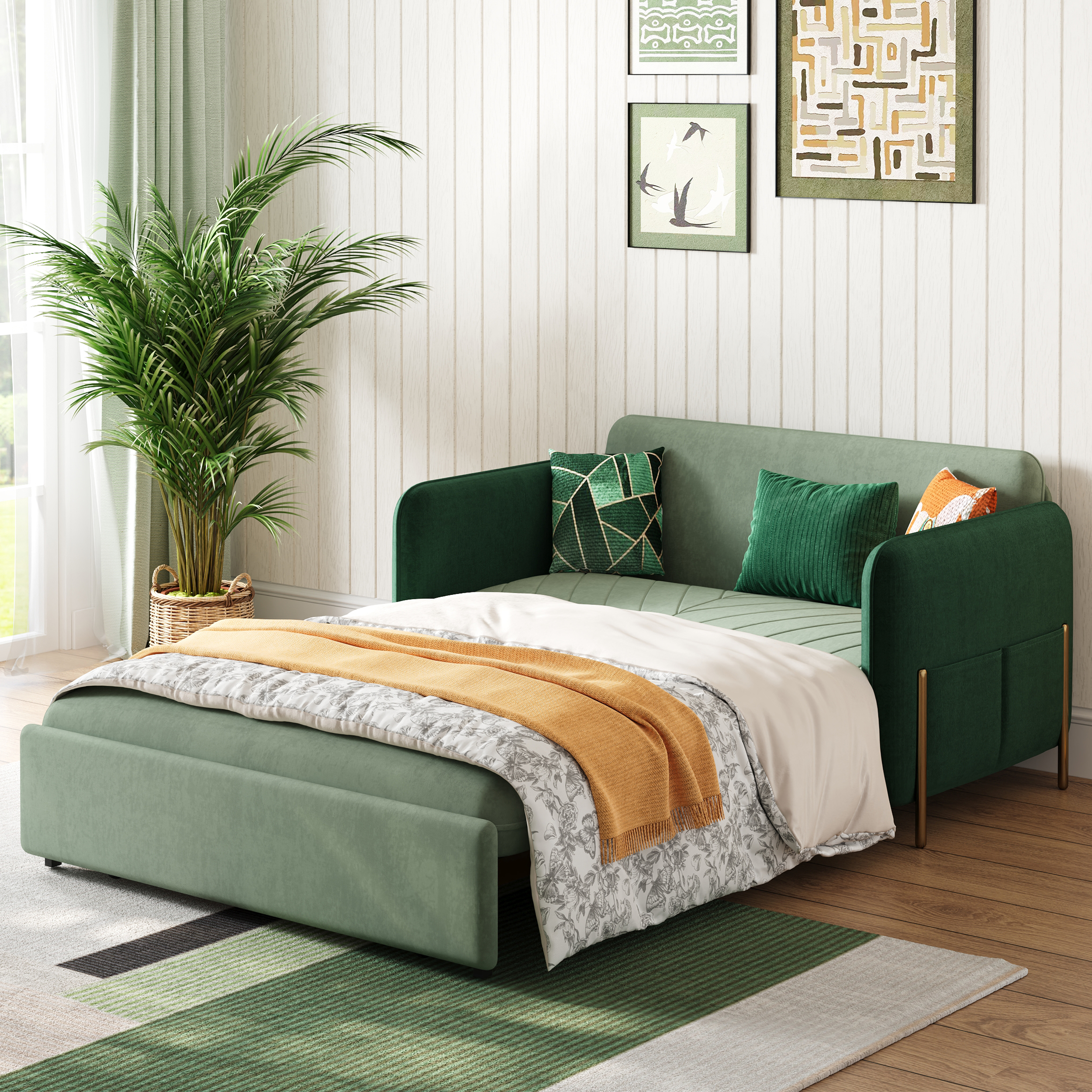 Green Daybed with Trundle Full Size Loveseat Pull Out Sleeper Sofa Couch