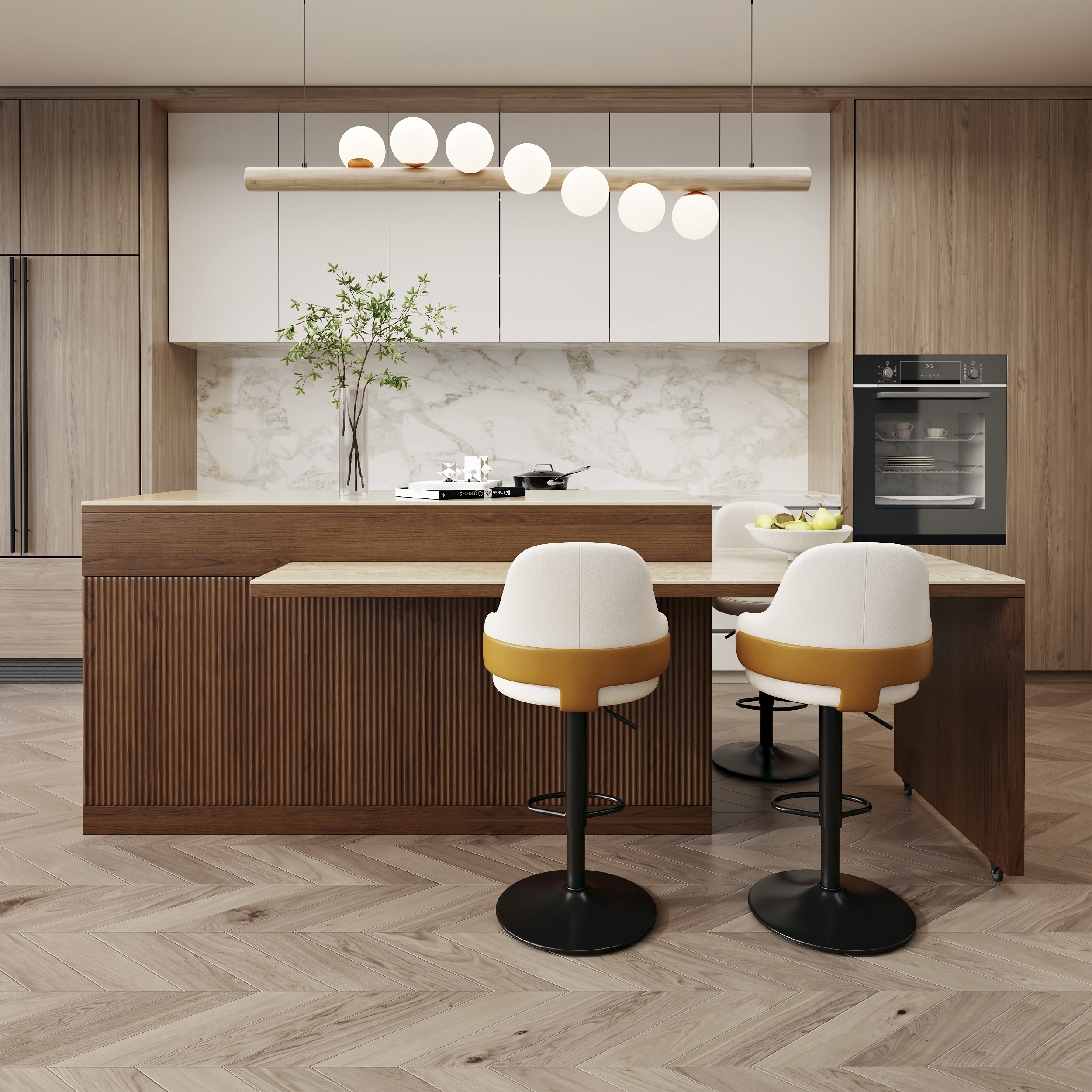 81''-106" Extendable Kitchen lsland Faux Marble Top with Doors & Drawers Walnut Modern