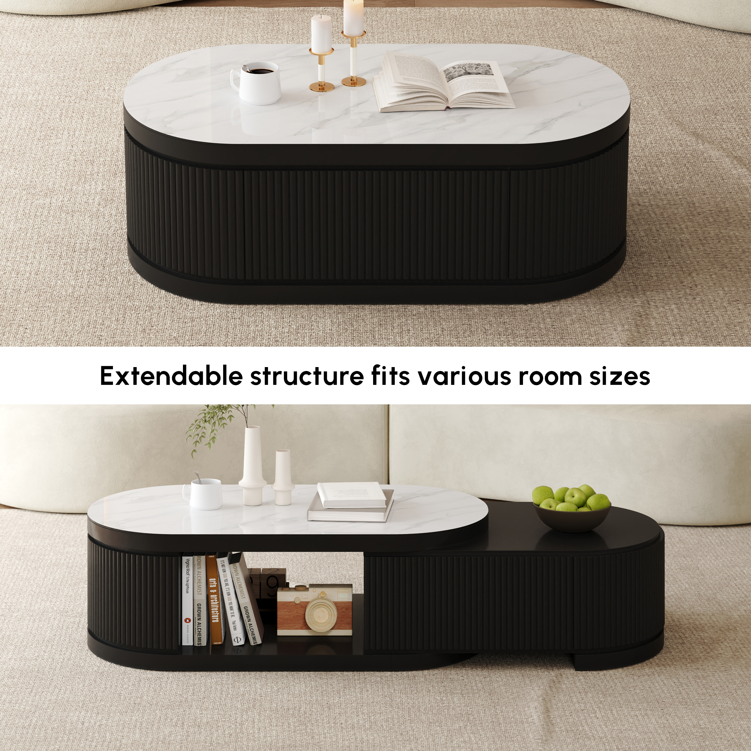 Velar Extendable Sintered Stone Top Coffee Table with Storage｜Homary