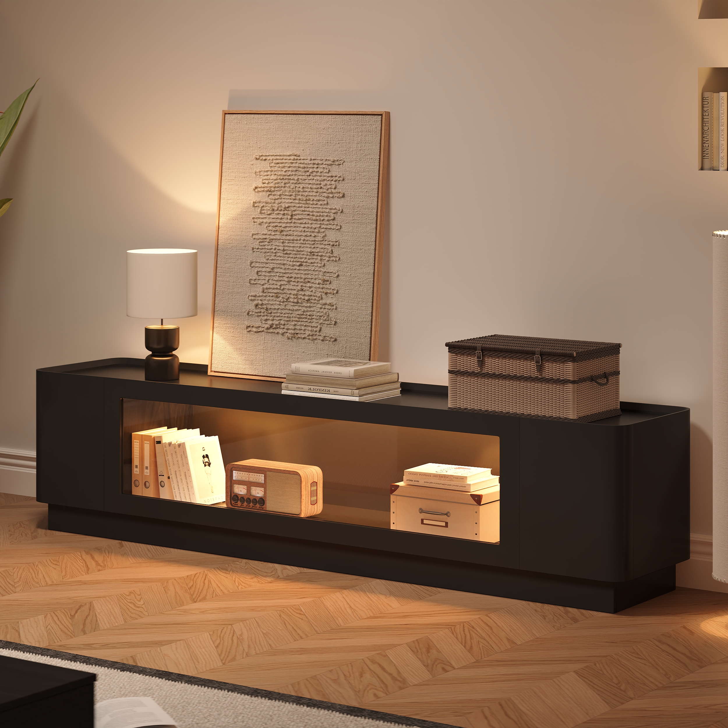 Soporte de TV con puerta de vidrio de 2000 mm, consola multimedia de madera moderna de mediados de siglo con almacenamiento y LED en negro