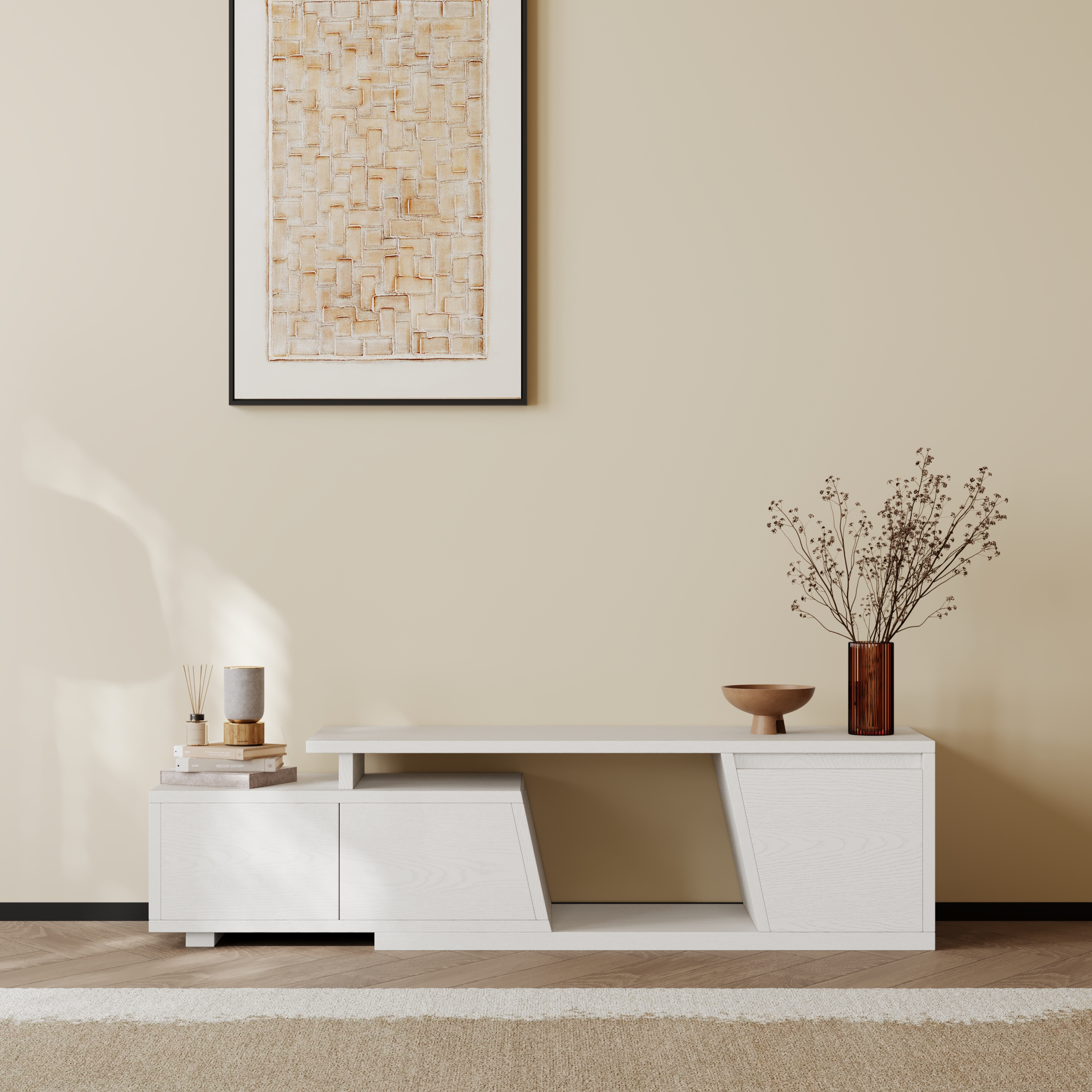 Fero Minimalist White Rectangle Extendable TV Stand with 3 Drawers Up to 71"