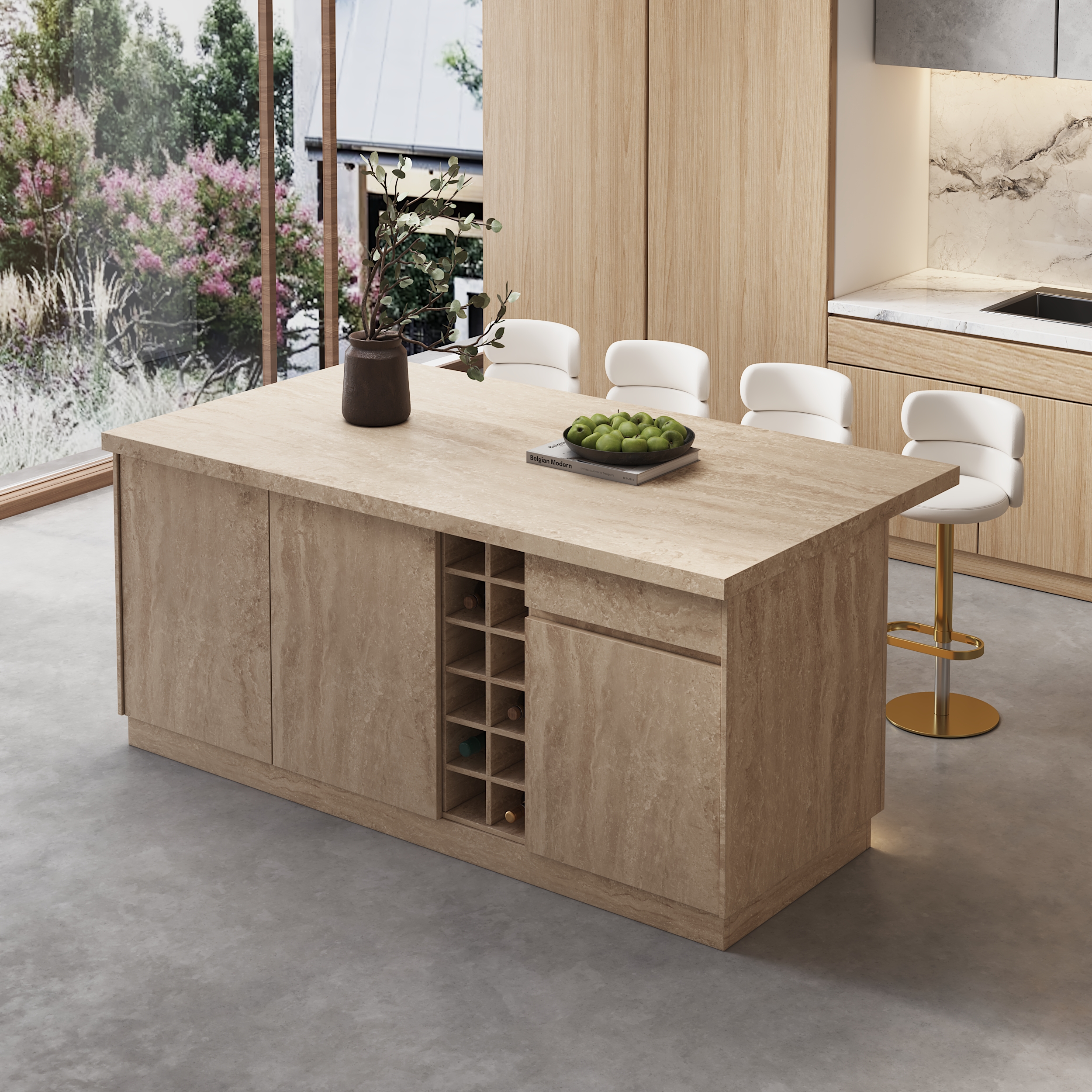 72" Kitchen lsland Wood with Storage & LED Light Matte Travertine Japandi Style Kitchen