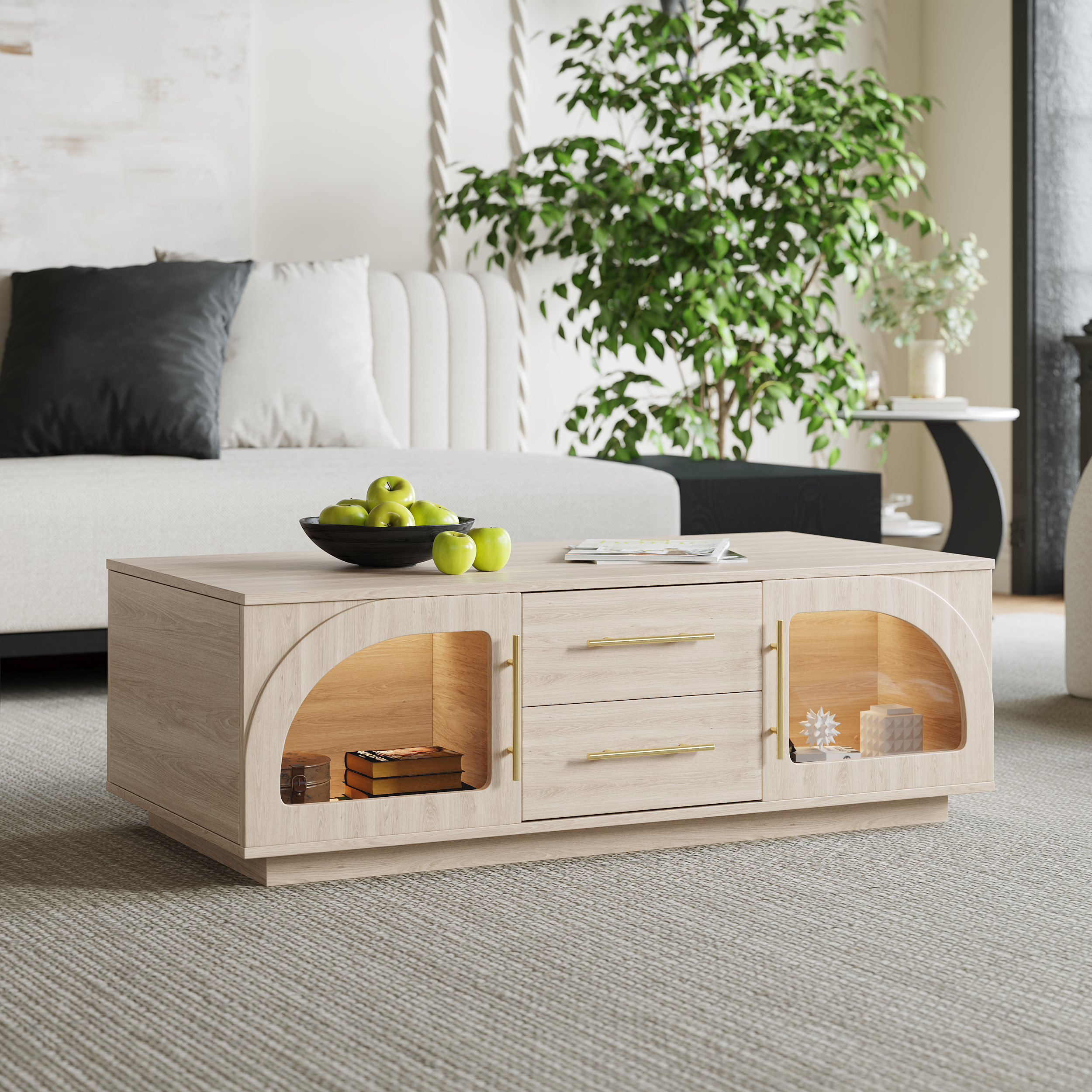 Arune Arched Glass Coffee Table Modern Whitewash Living Room Furniture with Storage and LED