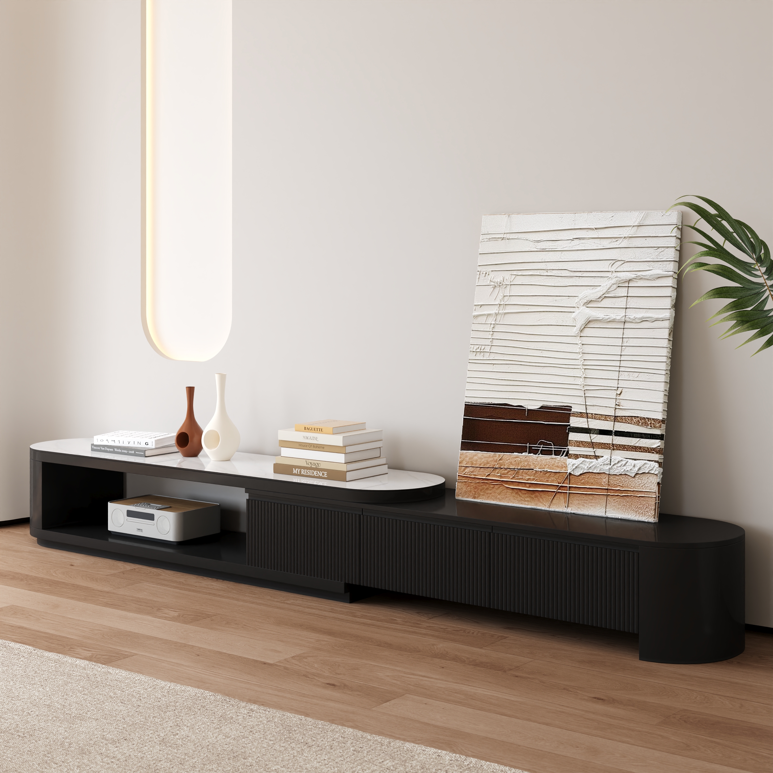 Soporte de TV extensible, moderna consola multimedia con tapa de piedra sinterizada con 3 cajones en negro