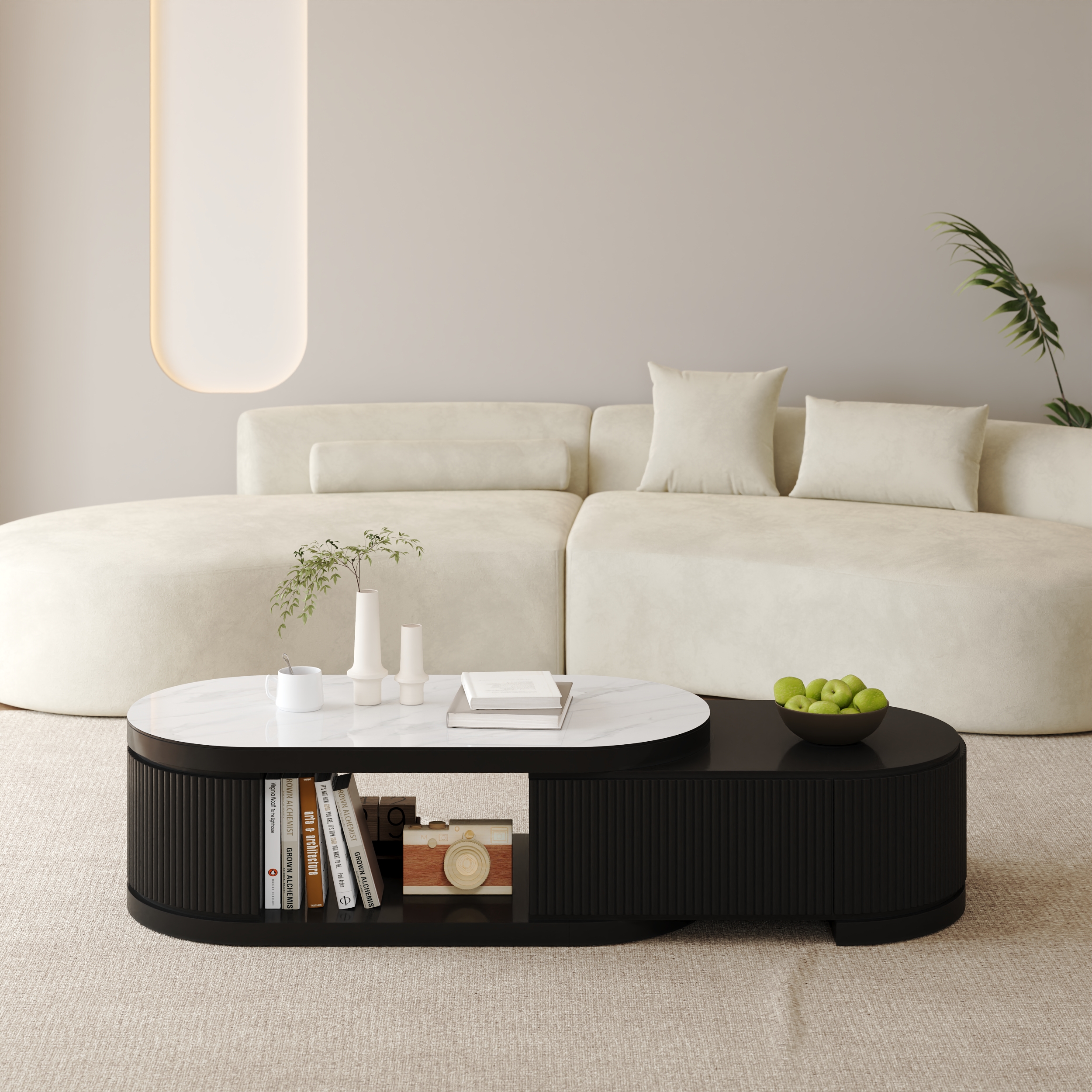 Sintered Stone Round Coffee Table Modern Black Living Room Furniture with Storage