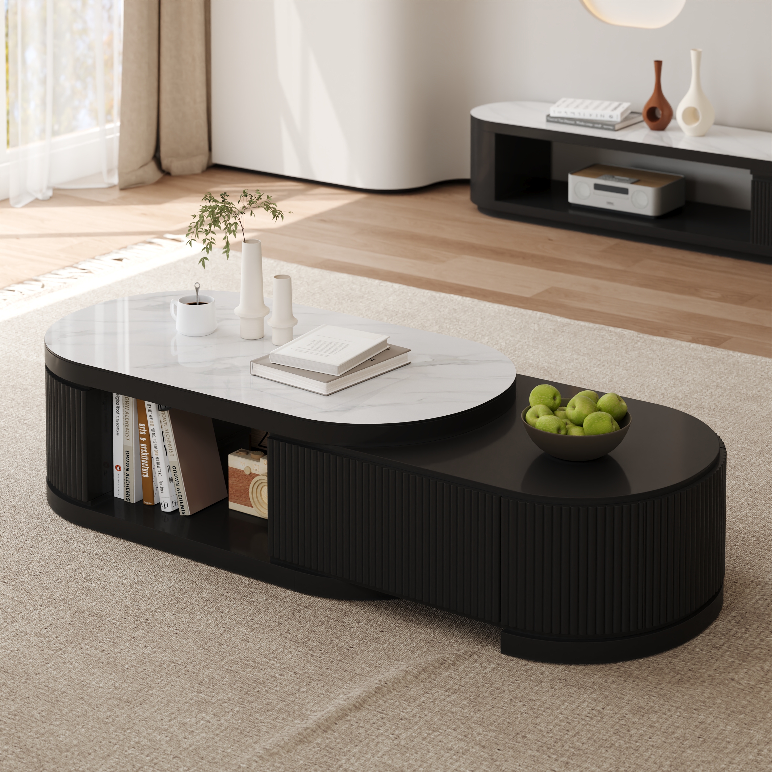 Sintered Stone Round Coffee Table Modern Black Living Room Furniture with Storage