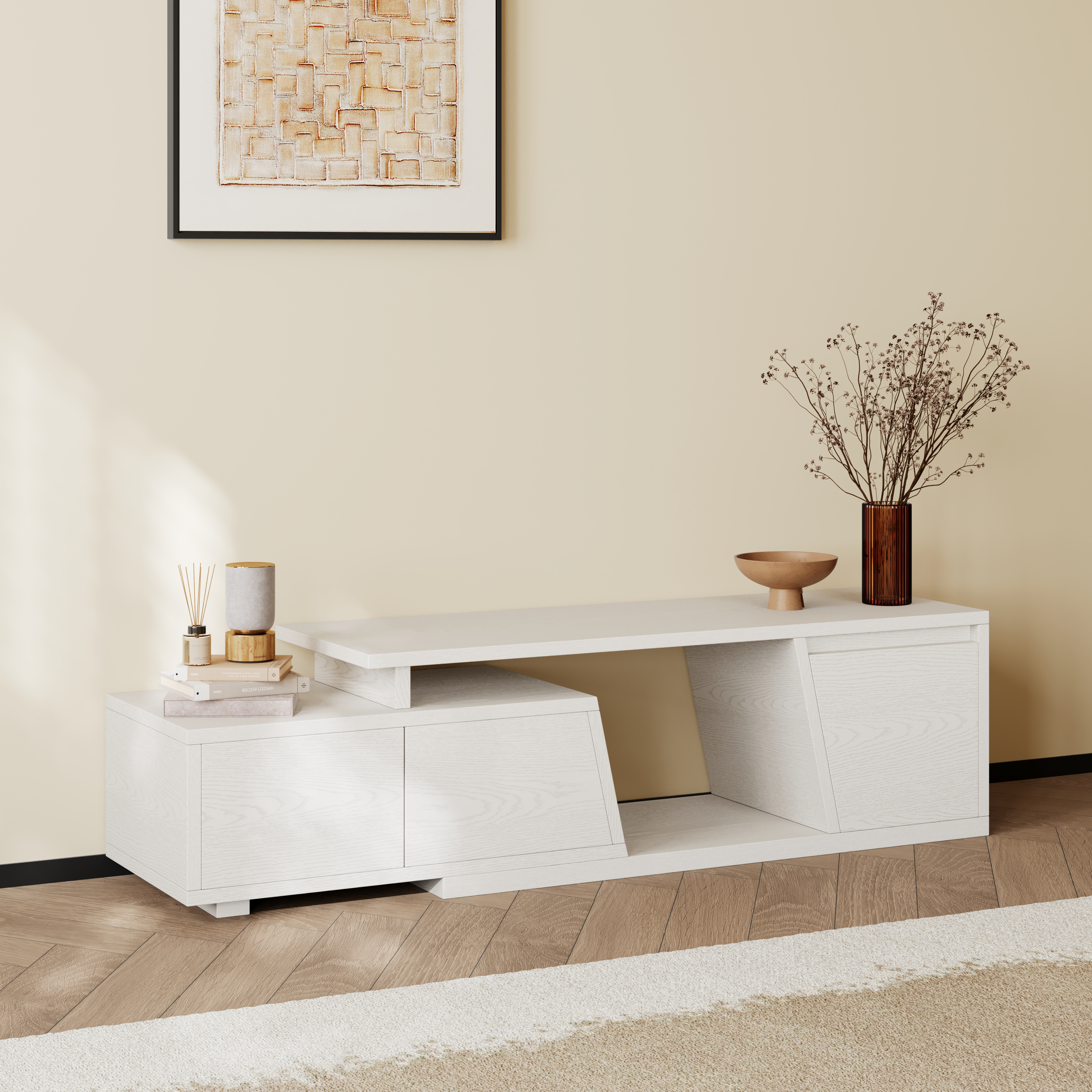 Fero Minimalist White Rectangle Extendable TV Stand with 3 Drawers Up to 71"