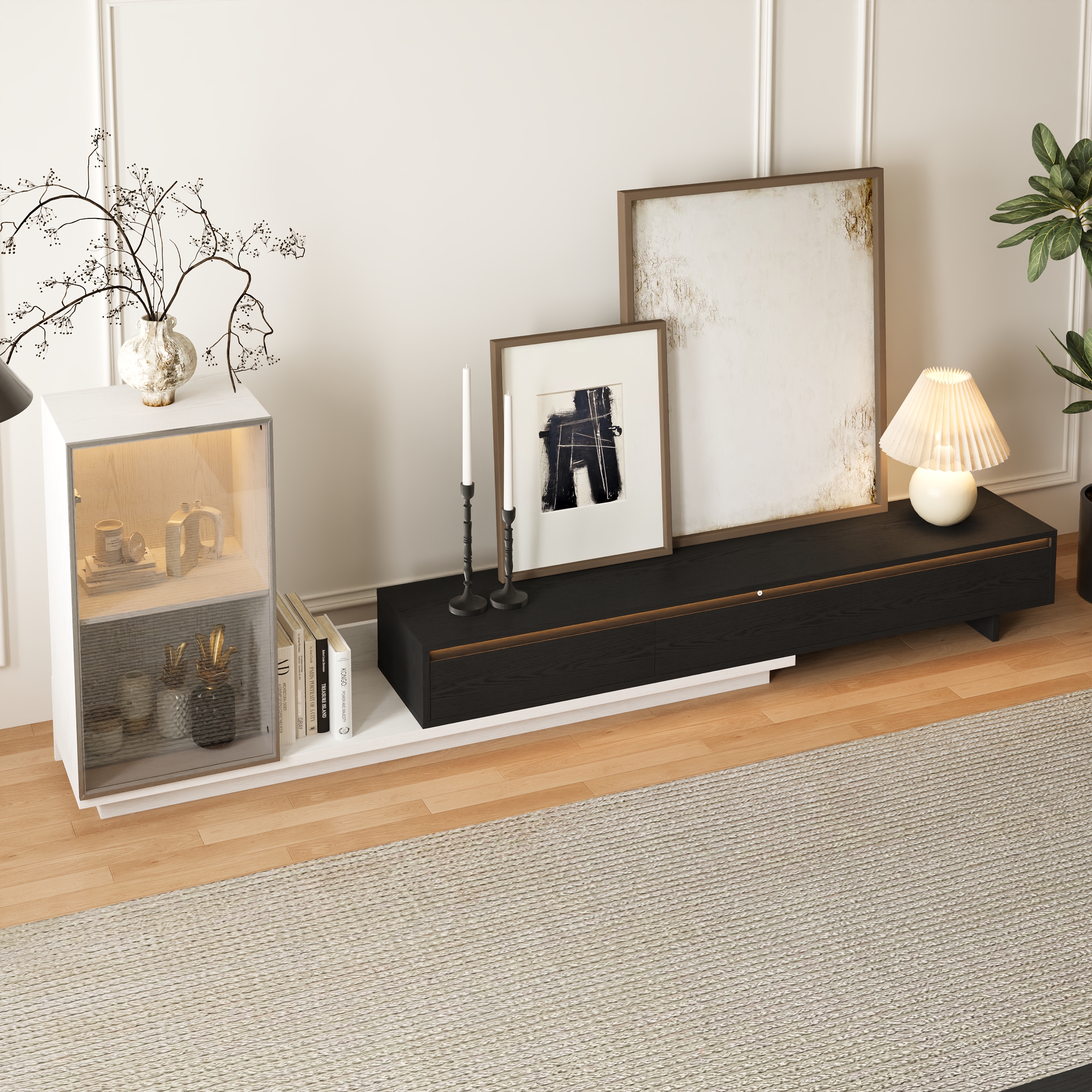 Fero Retracted & Extendable 3 Drawers TV Stand with Bookcase & LED Lighting in White & Black & Gray