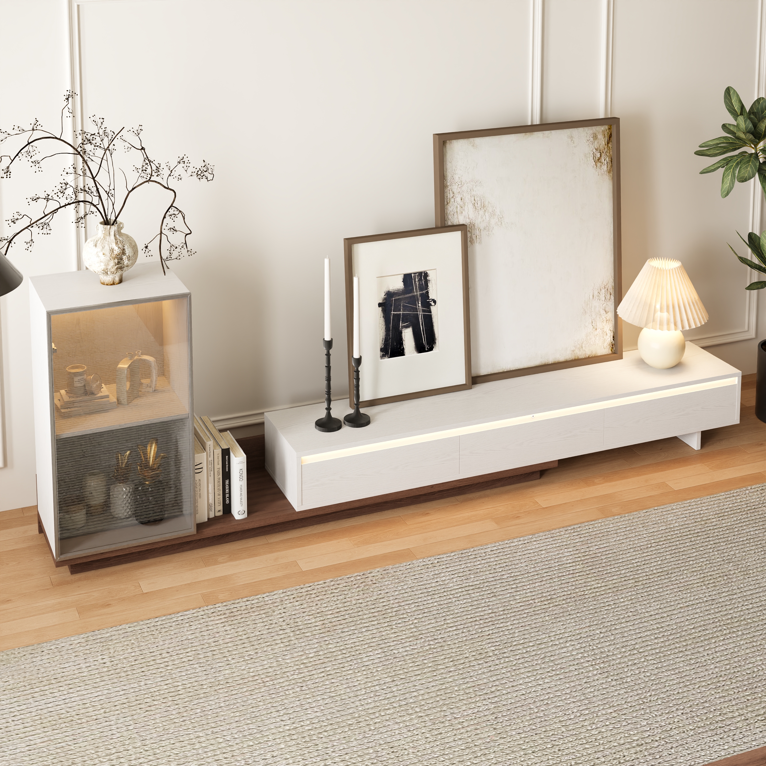 Fero Retracted & Extendable 3 Drawers TV Stand with Bookcase & LED Lighting in White & Walnut & Gray