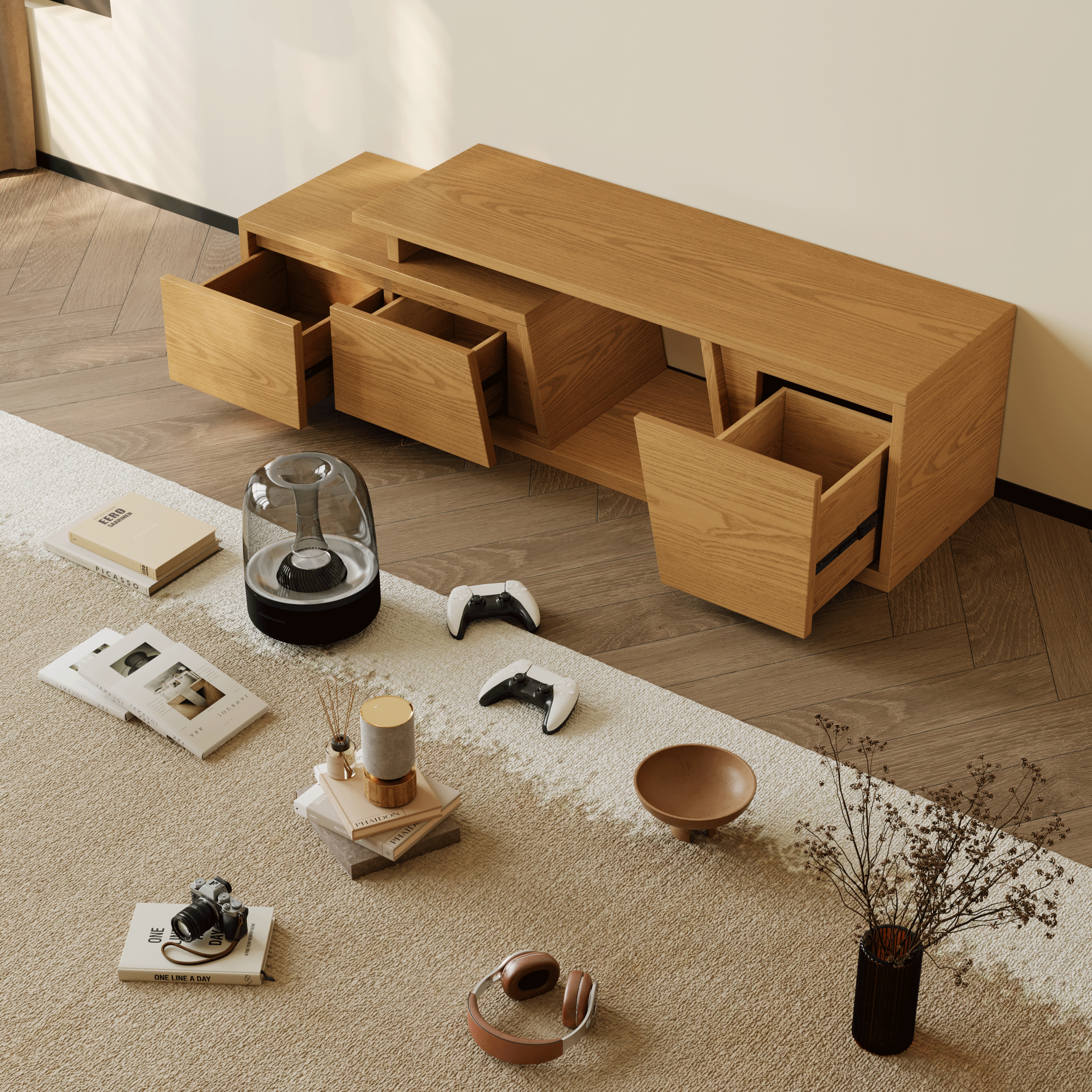 Fero Natural Extendable TV Stand with 3 Drawers(1200mm-1800mm)｜Homary