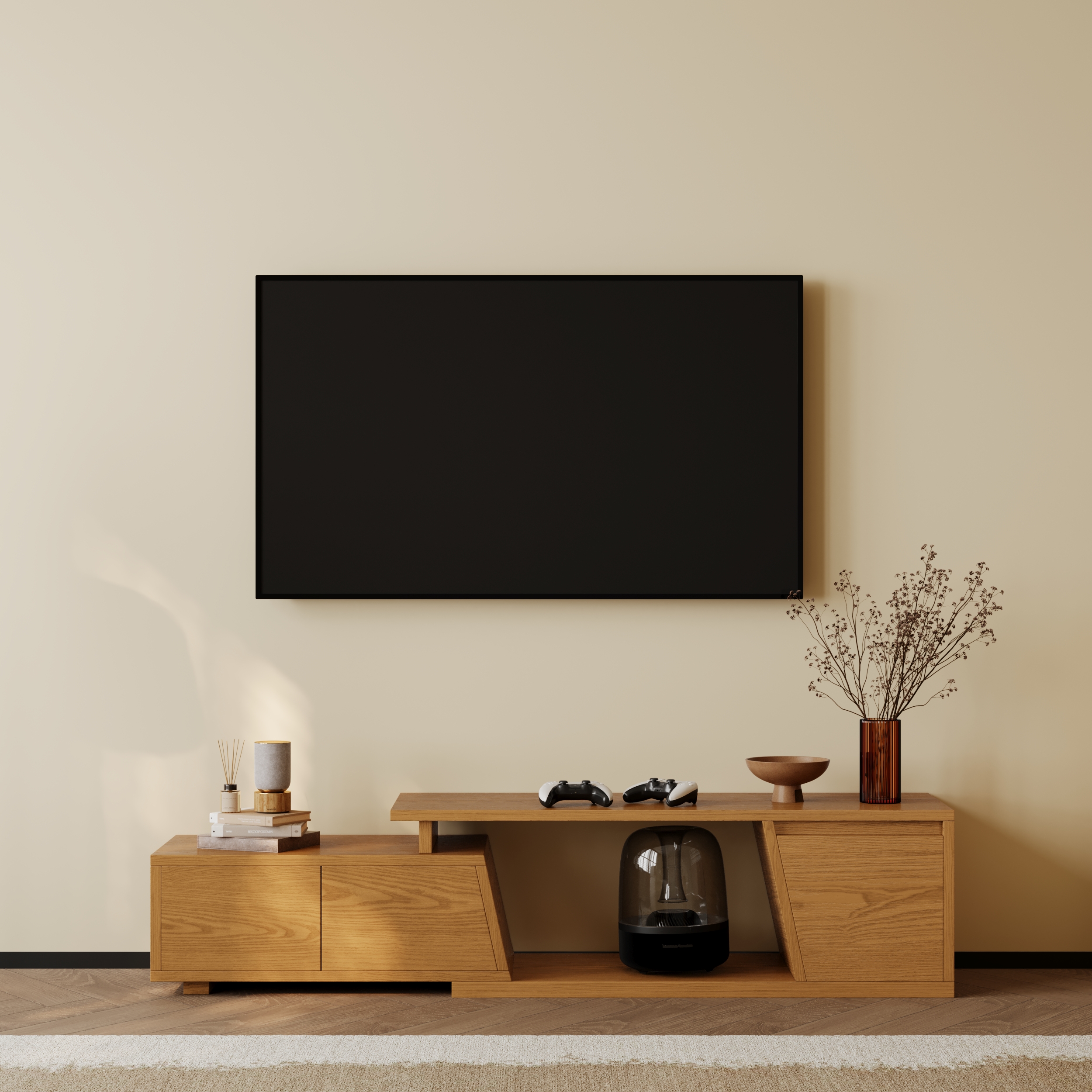 Fero Minimalist Natural Rectangle Extendable TV Stand with 3 Drawers Up to 71"