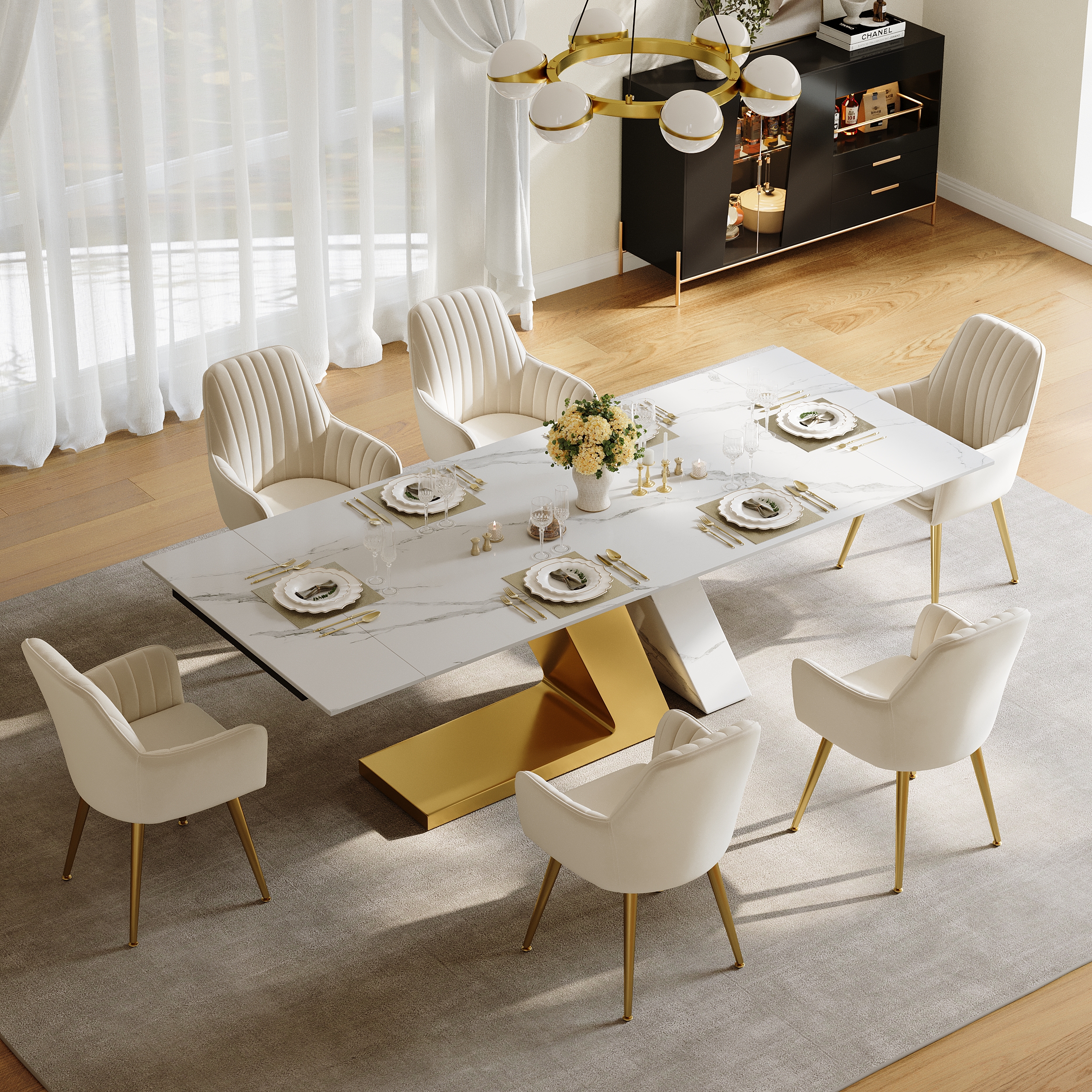 Mesa de comedor moderna de piedra sinterizada extensible de 2000 mm a 2400 mm con capacidad para 6 a 8 personas