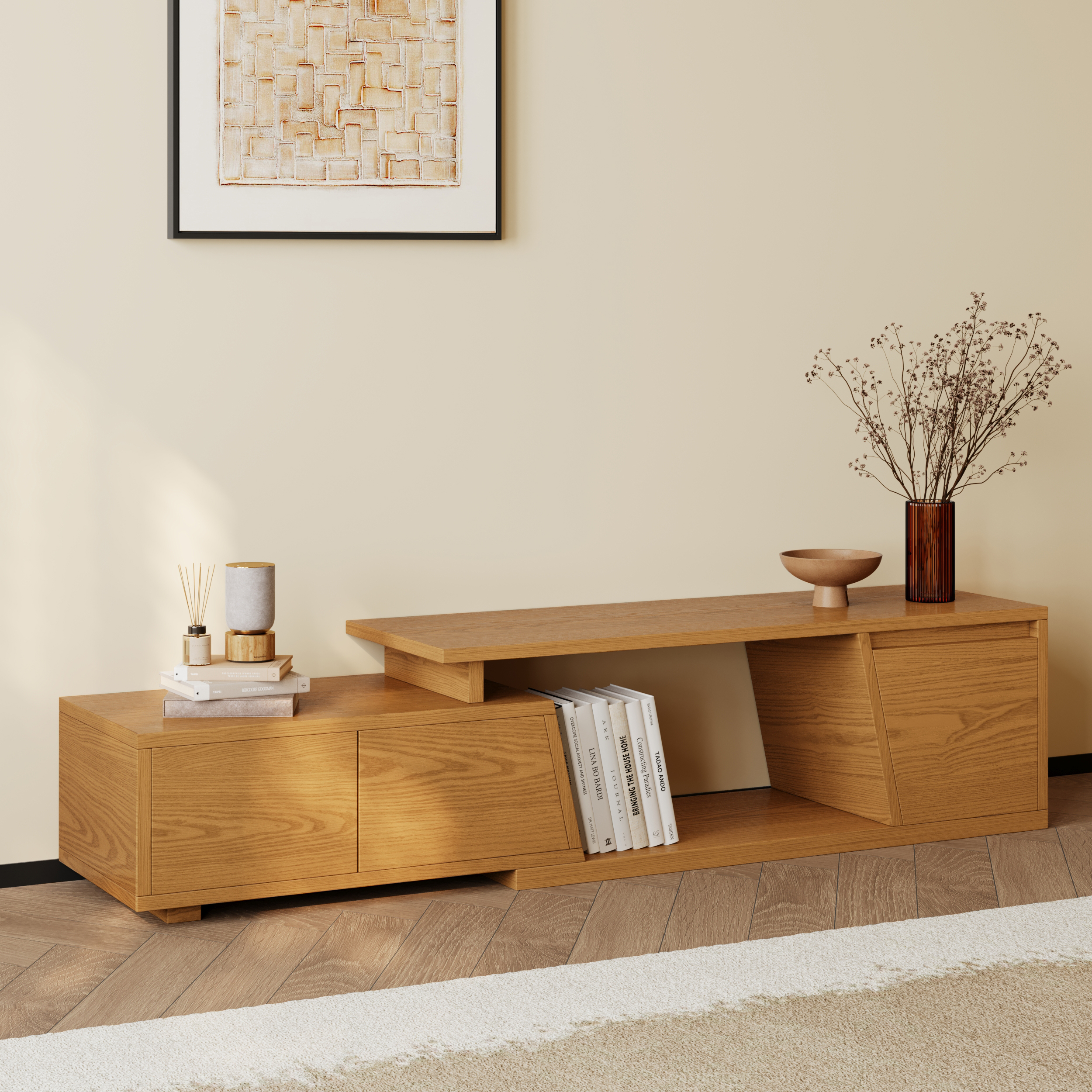 Fero Minimalist Natural Rectangle Extendable TV Stand with 3 Drawers Up to 71"