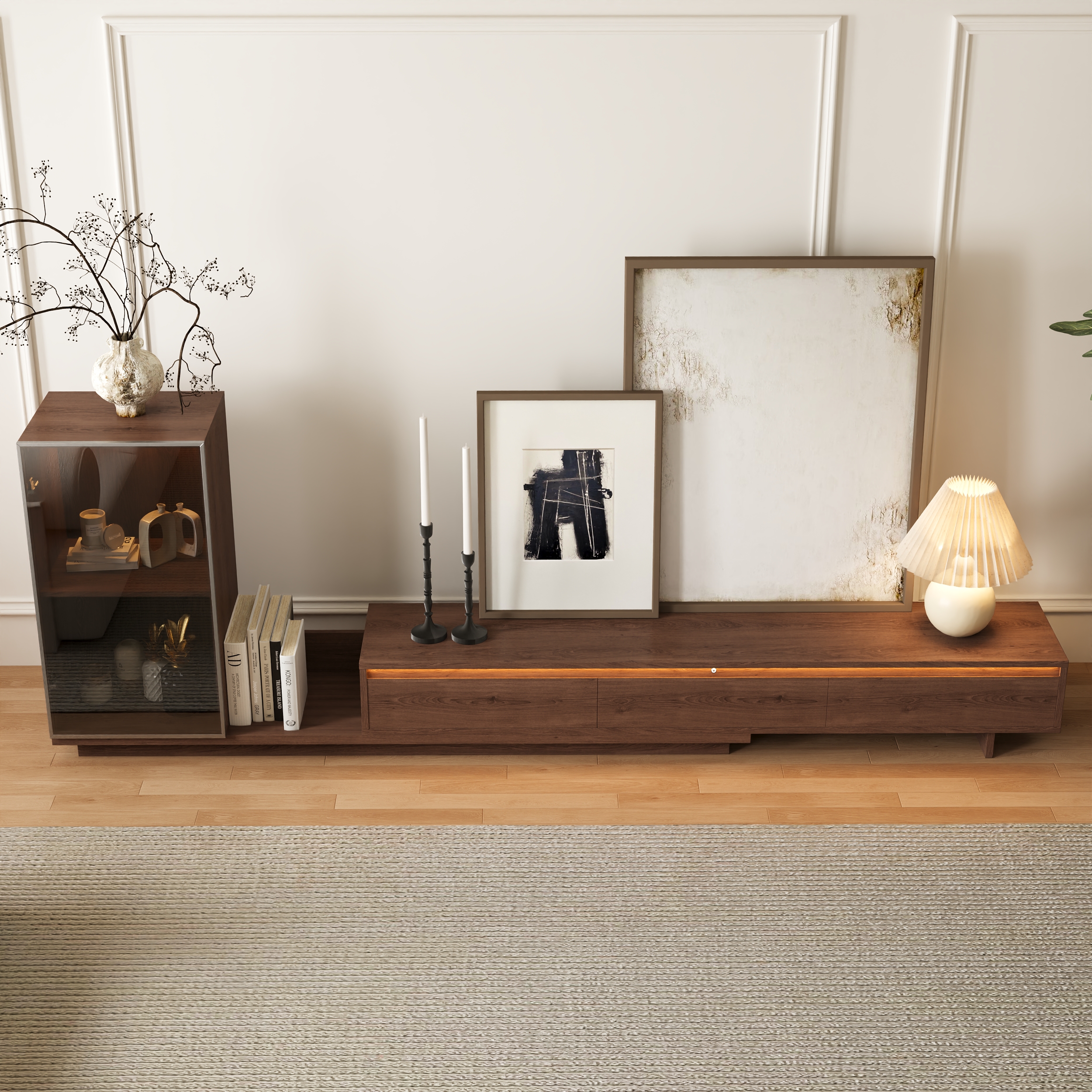 Fero Retracted & Extendable 3 Drawers TV Stand with Bookcase & LED Lighting in Walnut Up