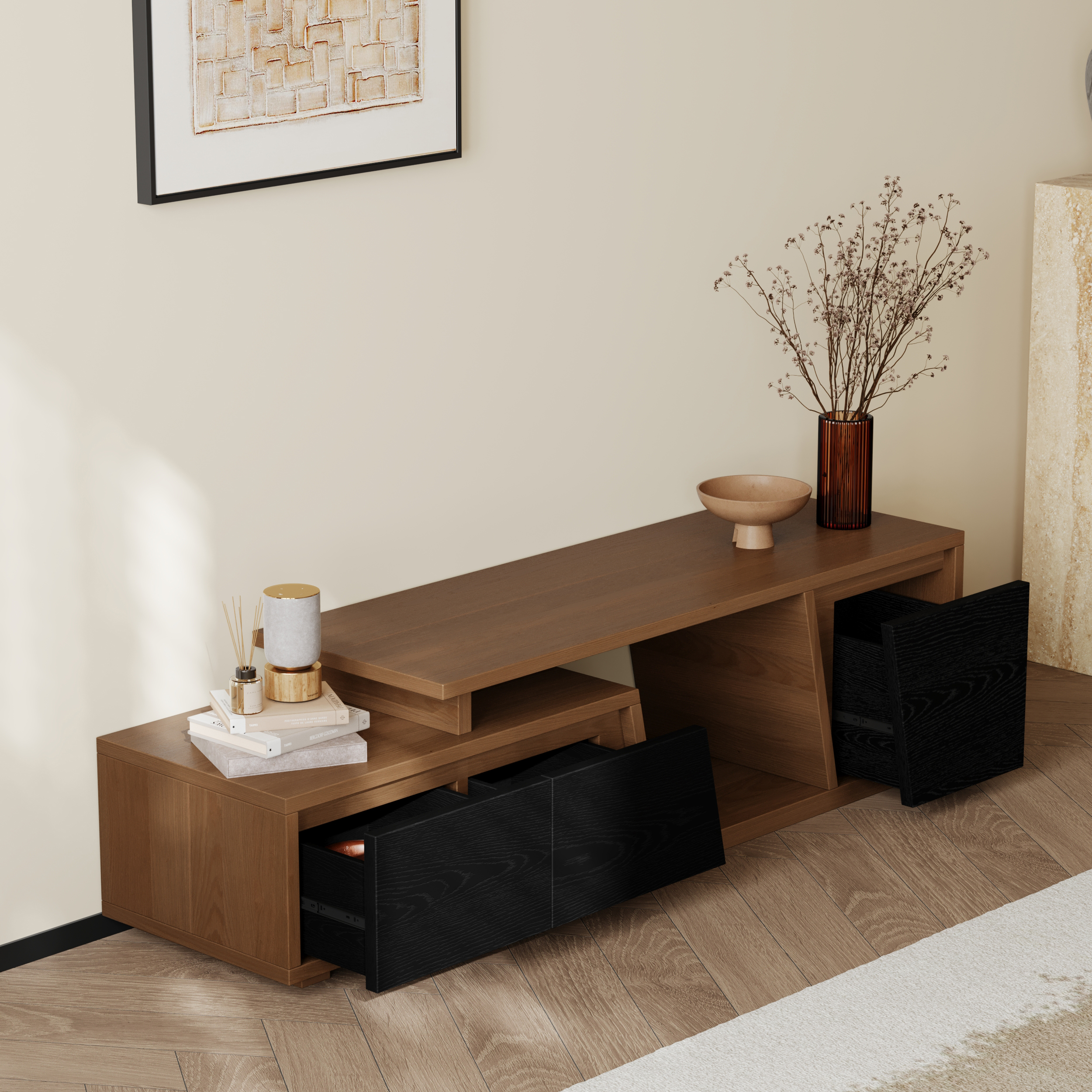 Fero Minimalist Black & Walnut Rectangle Extendable TV Stand with 3 Drawers Up to 71"