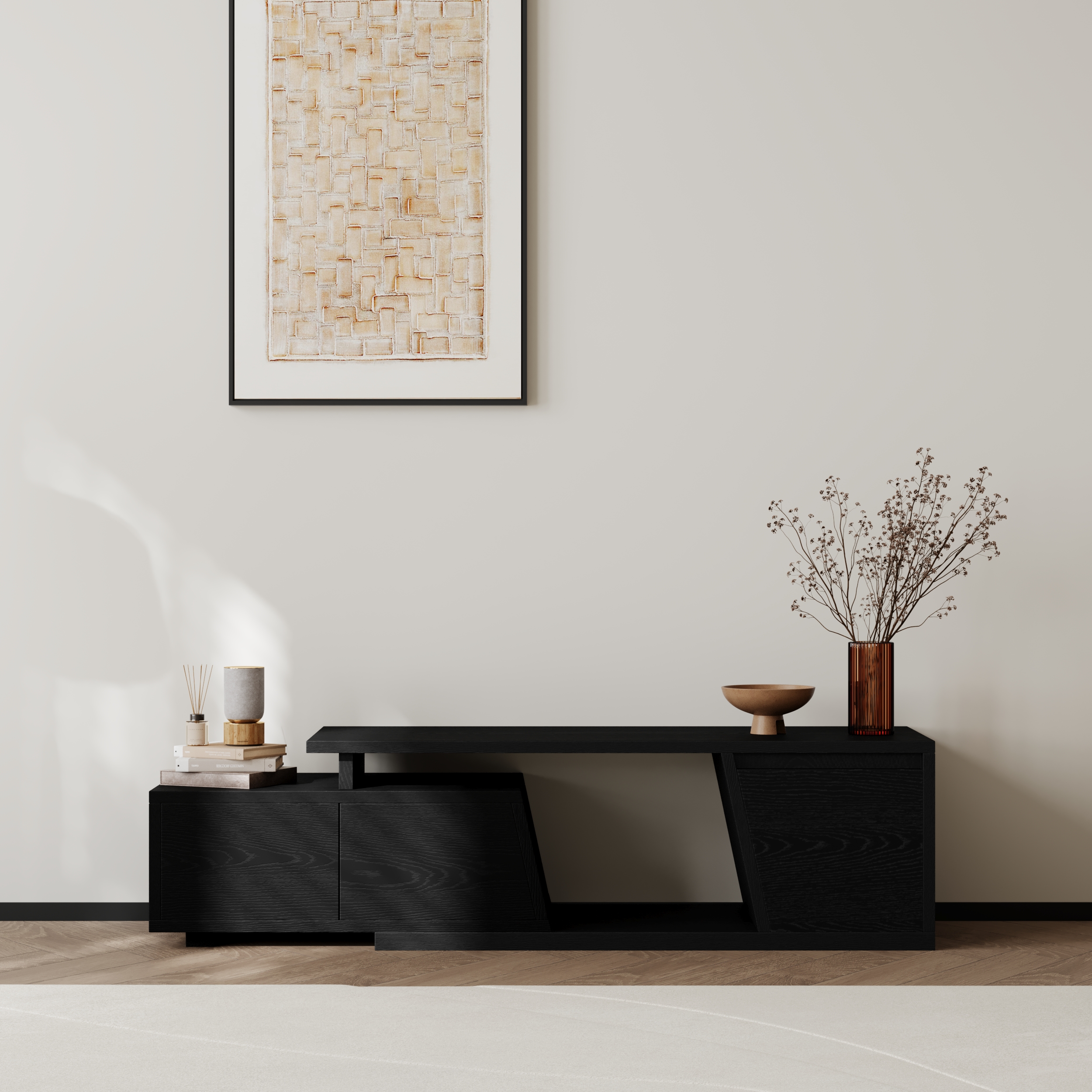 Fero Minimalist Black Rectangle Extendable TV Stand with 3 Drawers Up to 71"