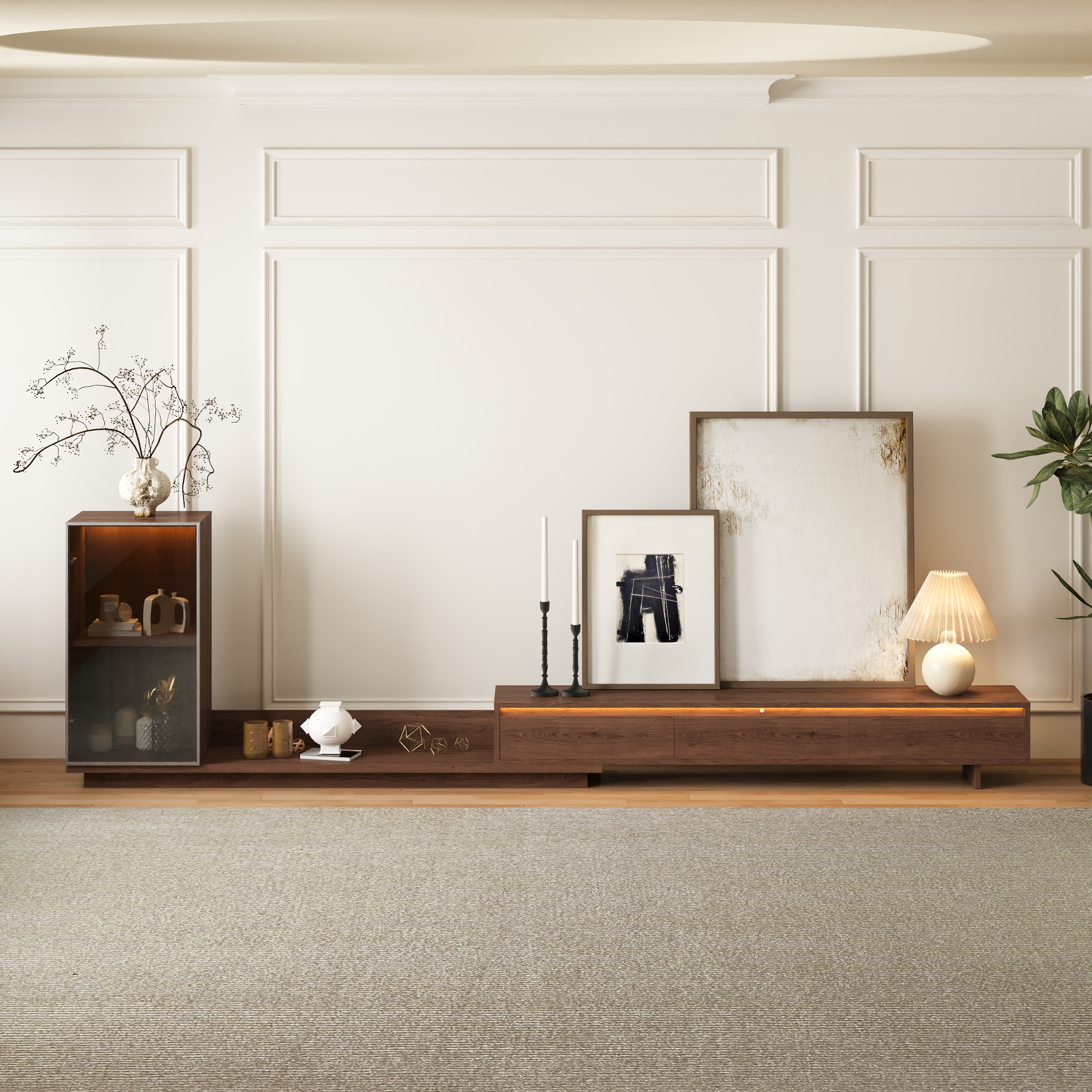 Soporte extensible para TV Fero Walnut con estanterías y luz (2500 mm-3930 mm)