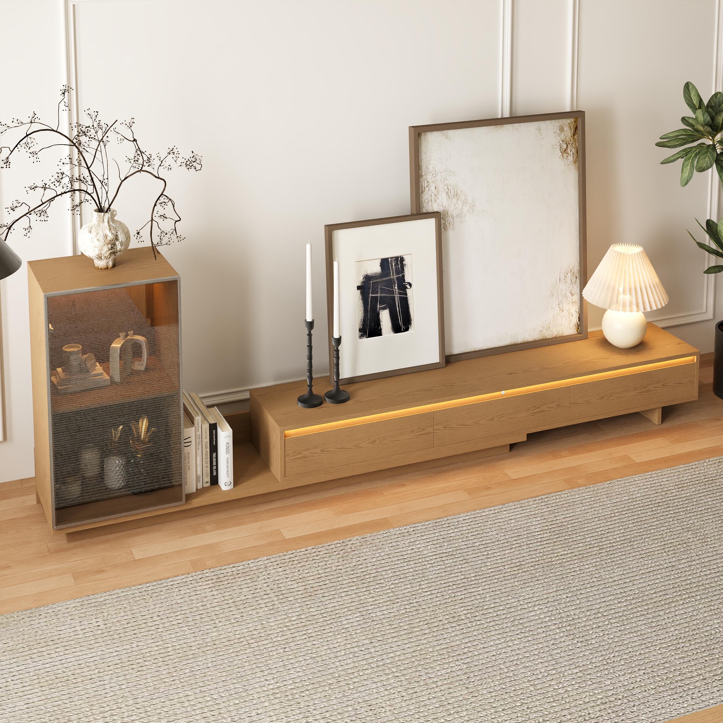 Fero Retracted & Extendable 3 Drawers TV Stand with Bookcase & LED Lighting in Natural Up
