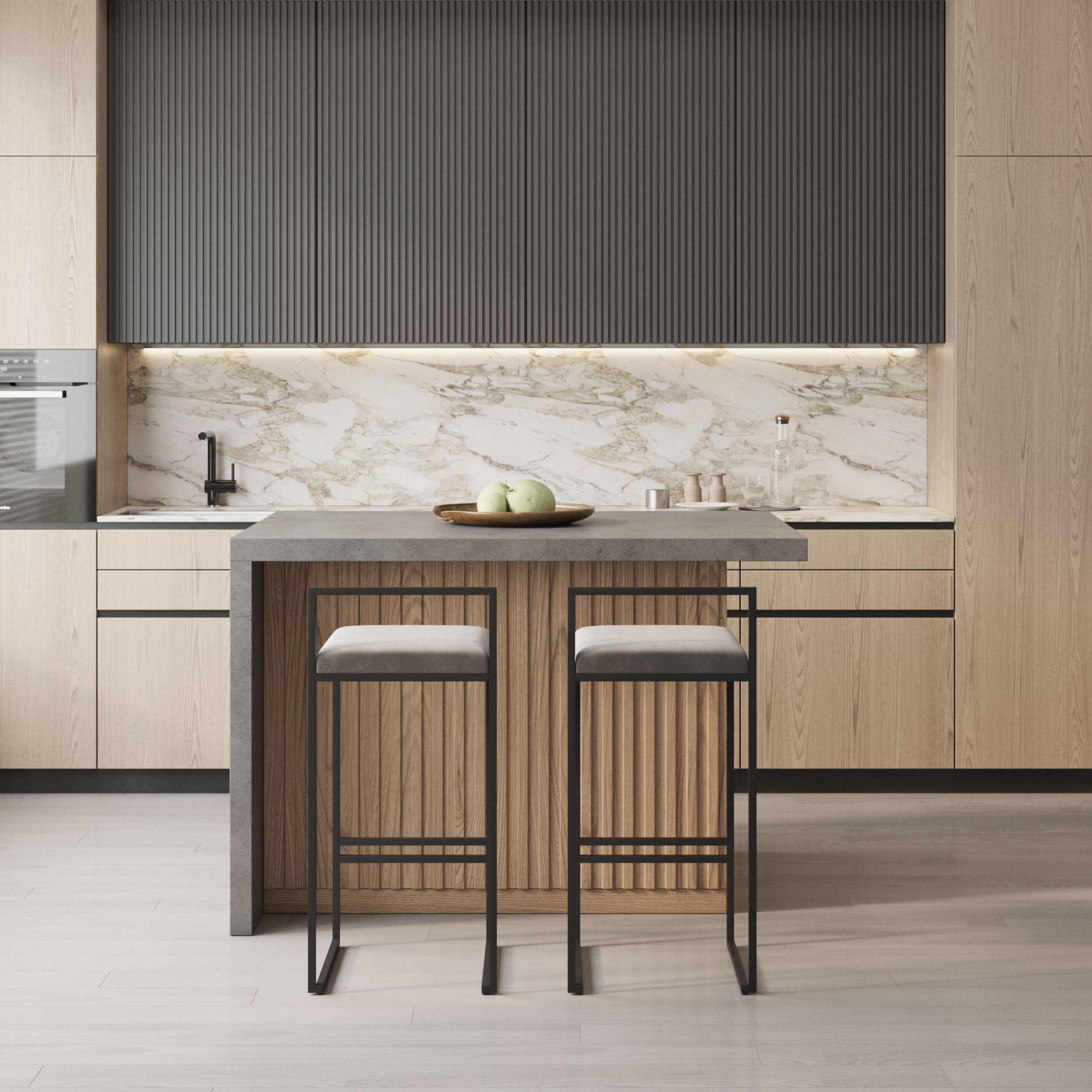 50" Large Kitchen Island Marble Veneered Top with Storage Natural & Gray Kitchen Cabinet