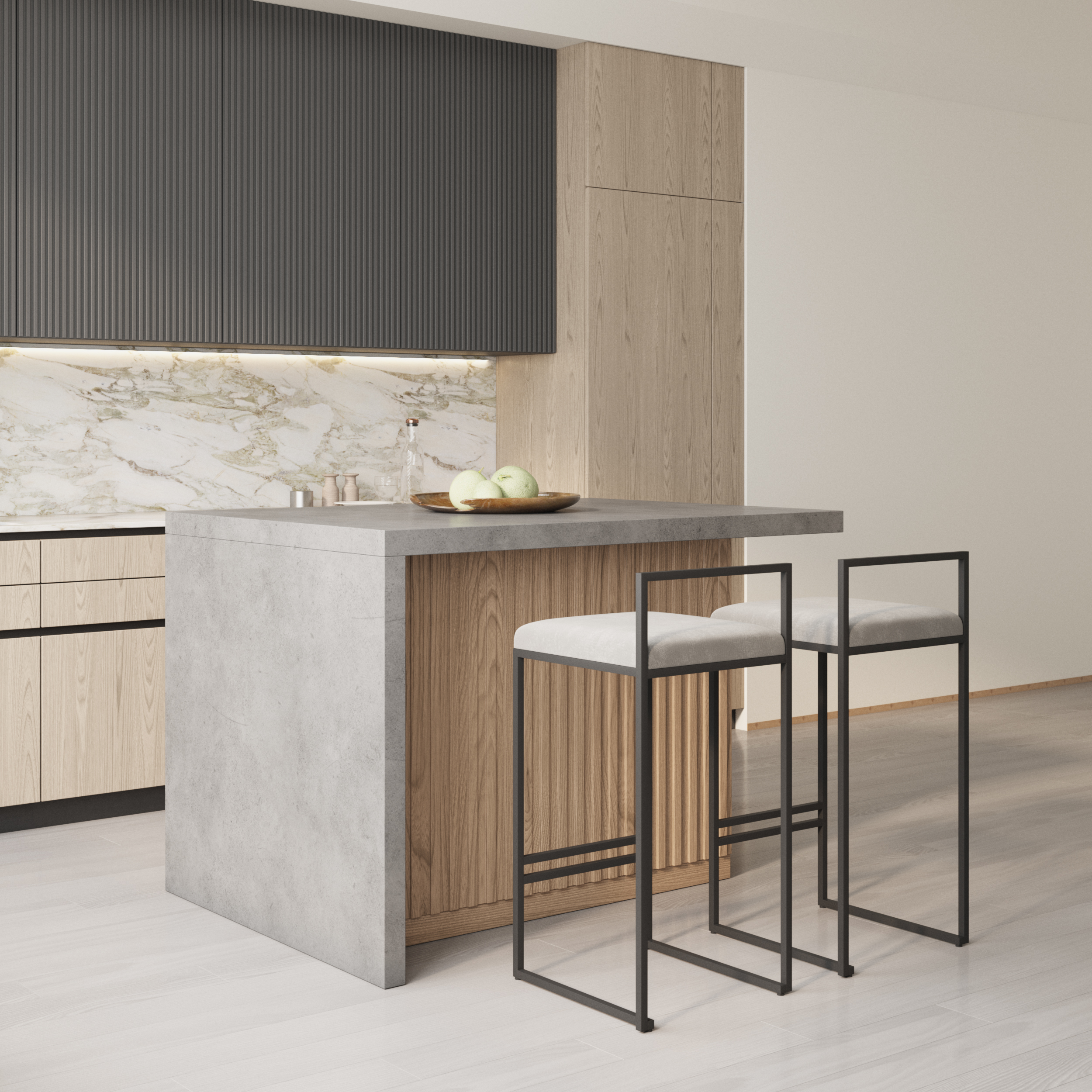 50" Large Kitchen Island Marble Veneered Top with Storage Natural & Gray Kitchen Cabinet
