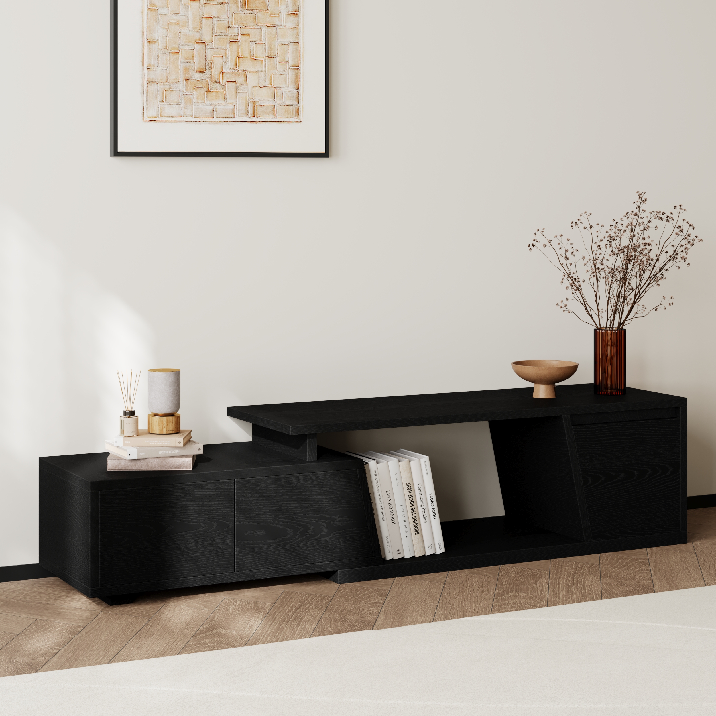 Fero Minimalist Black Rectangle Extendable TV Stand with 3 Drawers Up to 71"