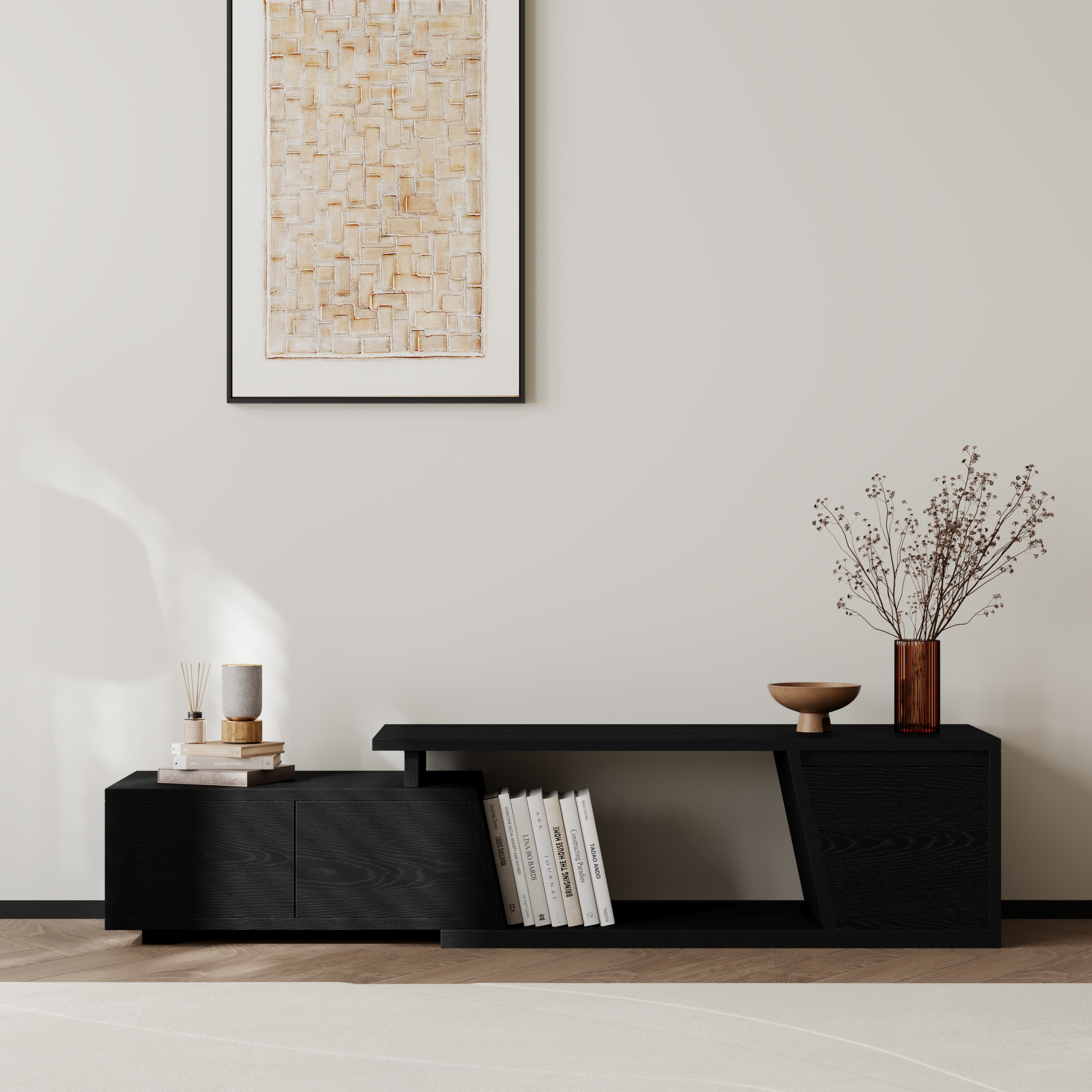 Soporte de TV extensible negro Fero con 3 cajones (1200 mm-1800 mm)