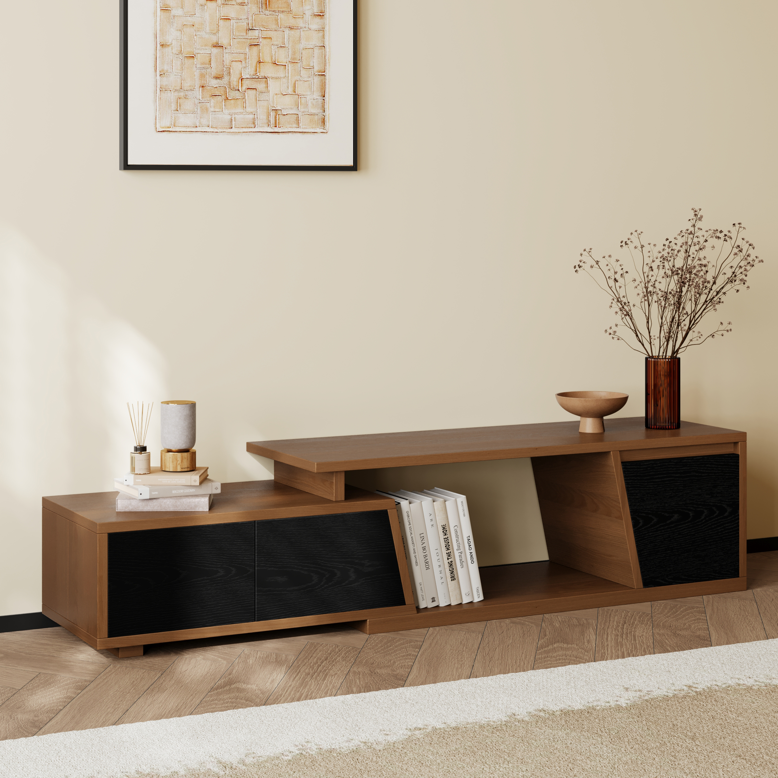 Fero Minimalist Black & Walnut Rectangle Extendable TV Stand with 3 Drawers Up to 71"