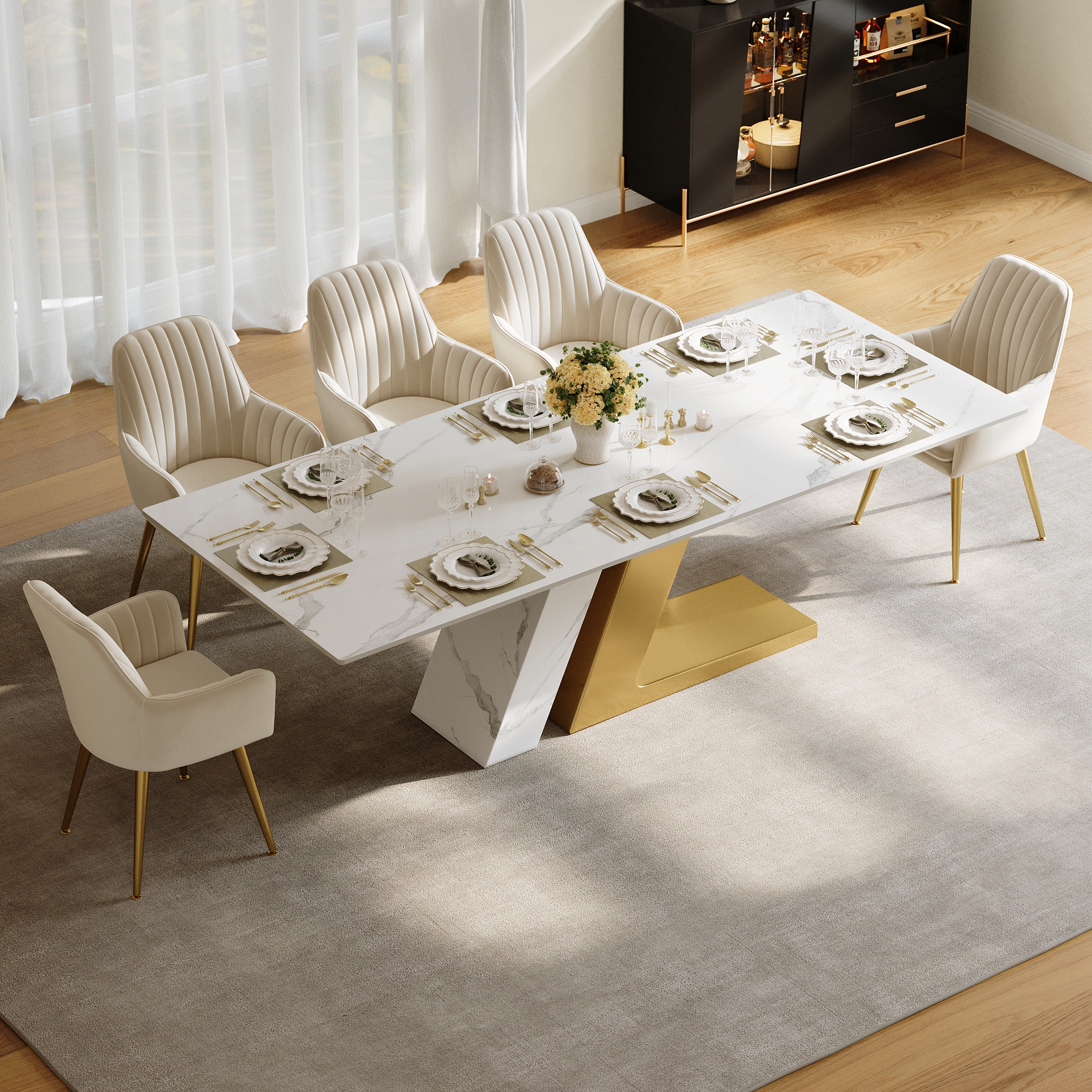 86.6" Rectangle Dining Table Faux Marble Top for 10 Stainless Steel Modern