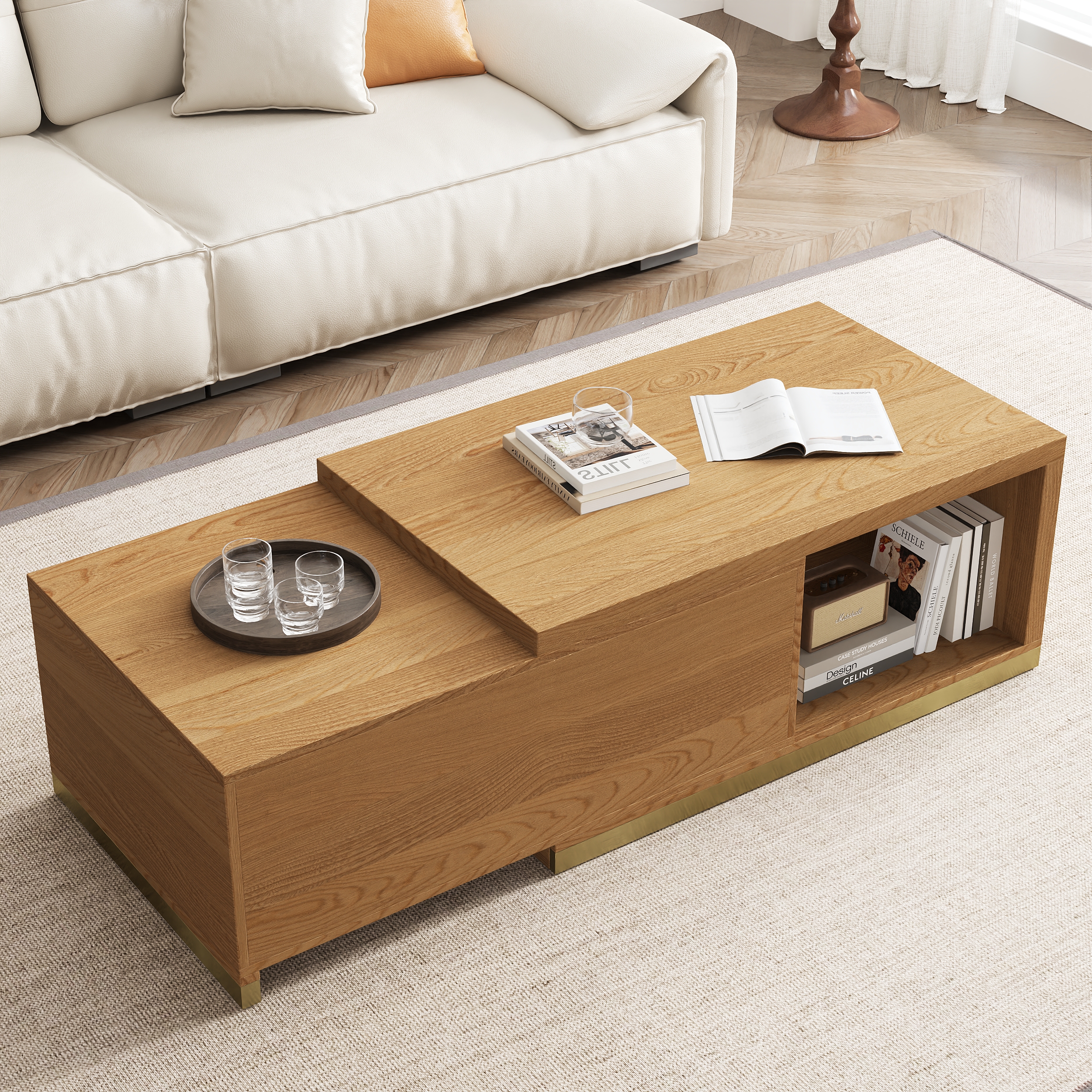 Mordelle Extendable Up to 70.8" Rectangle Natural Coffee Table with 2 Drawers